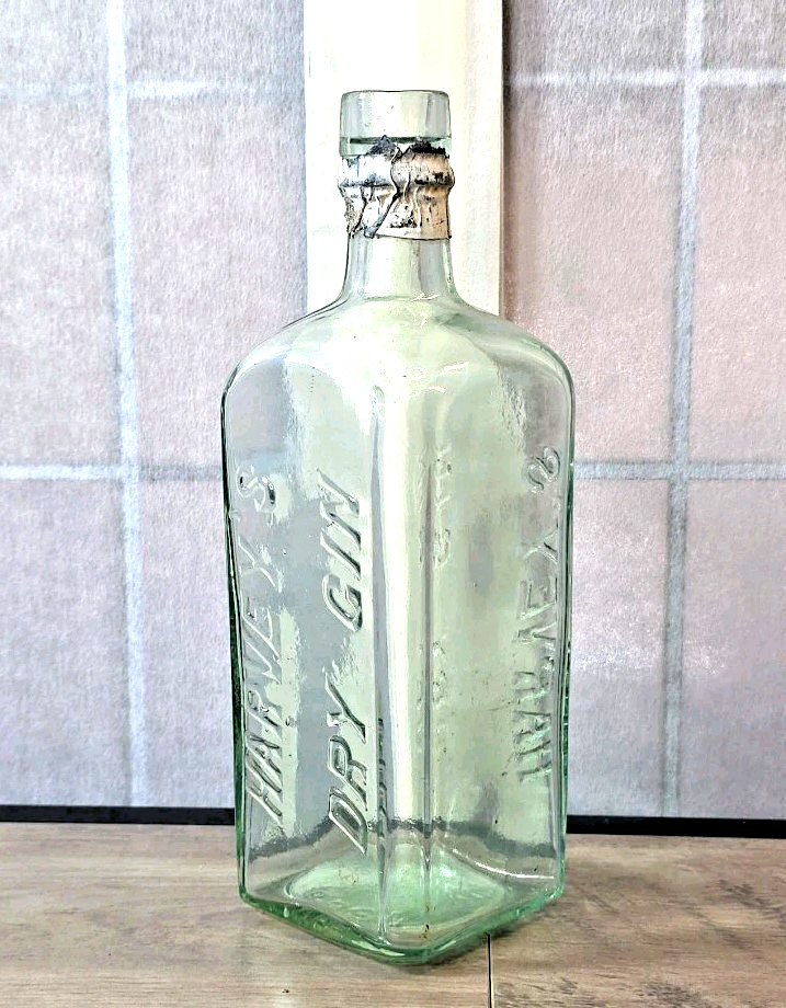 Antique HARVEY’S DRY GIN Liquor Bottle 9" Tall Old Spirits w/ Cork Top Era 1890s