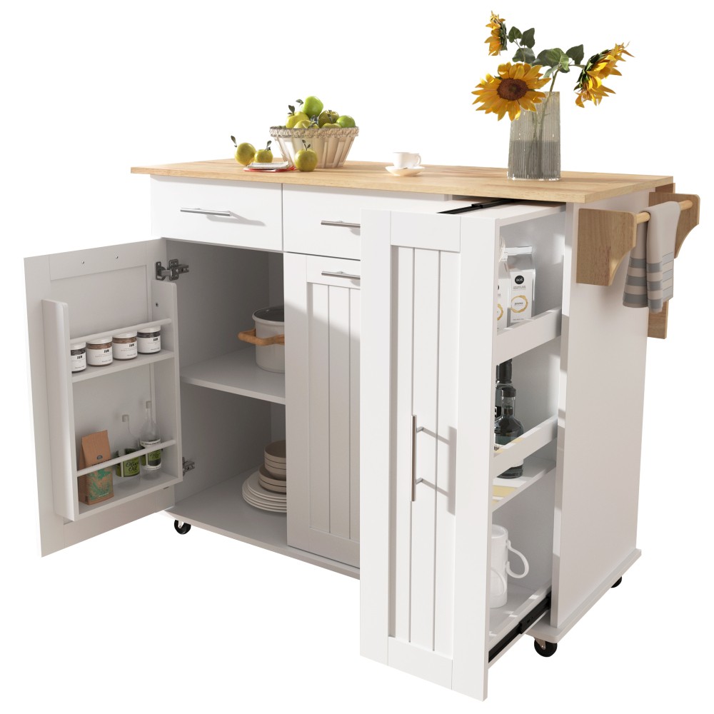 Kitchen Island with Drop Leaf with 3 Tier Pull Out Cabinet Organizer, White