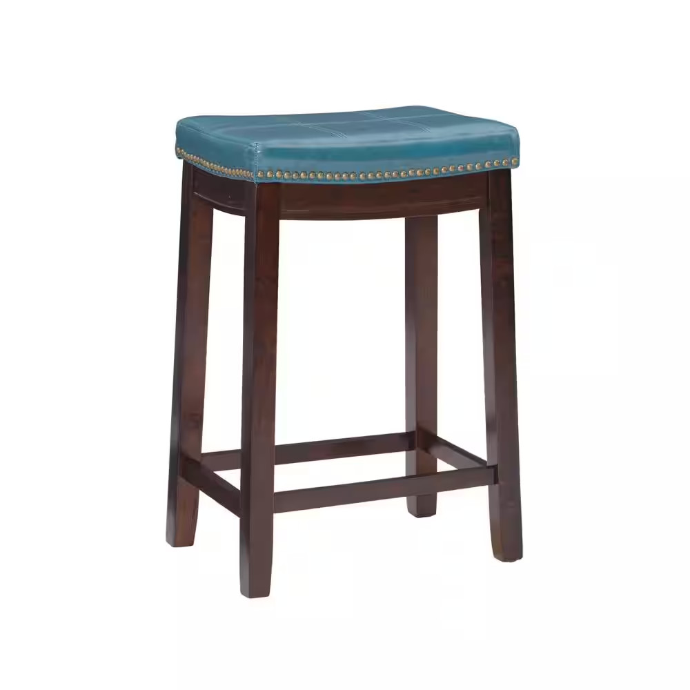 Concord 26.5 In. Dark Brown and Blue Backless Wood Counter Stool with Faux Leath