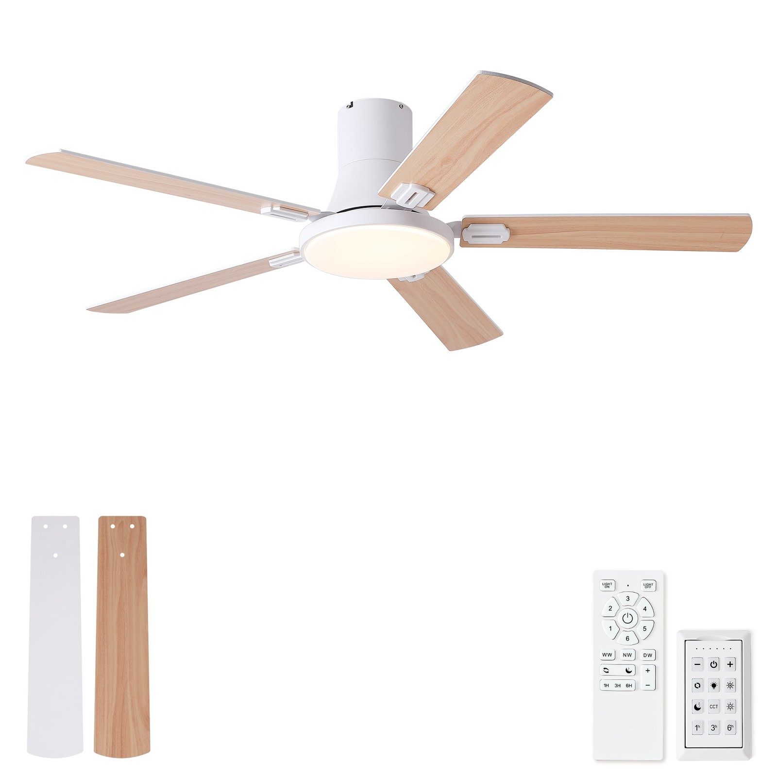52" White Ceiling Fan with Light and Remote Control, 6-Speed DC Motor