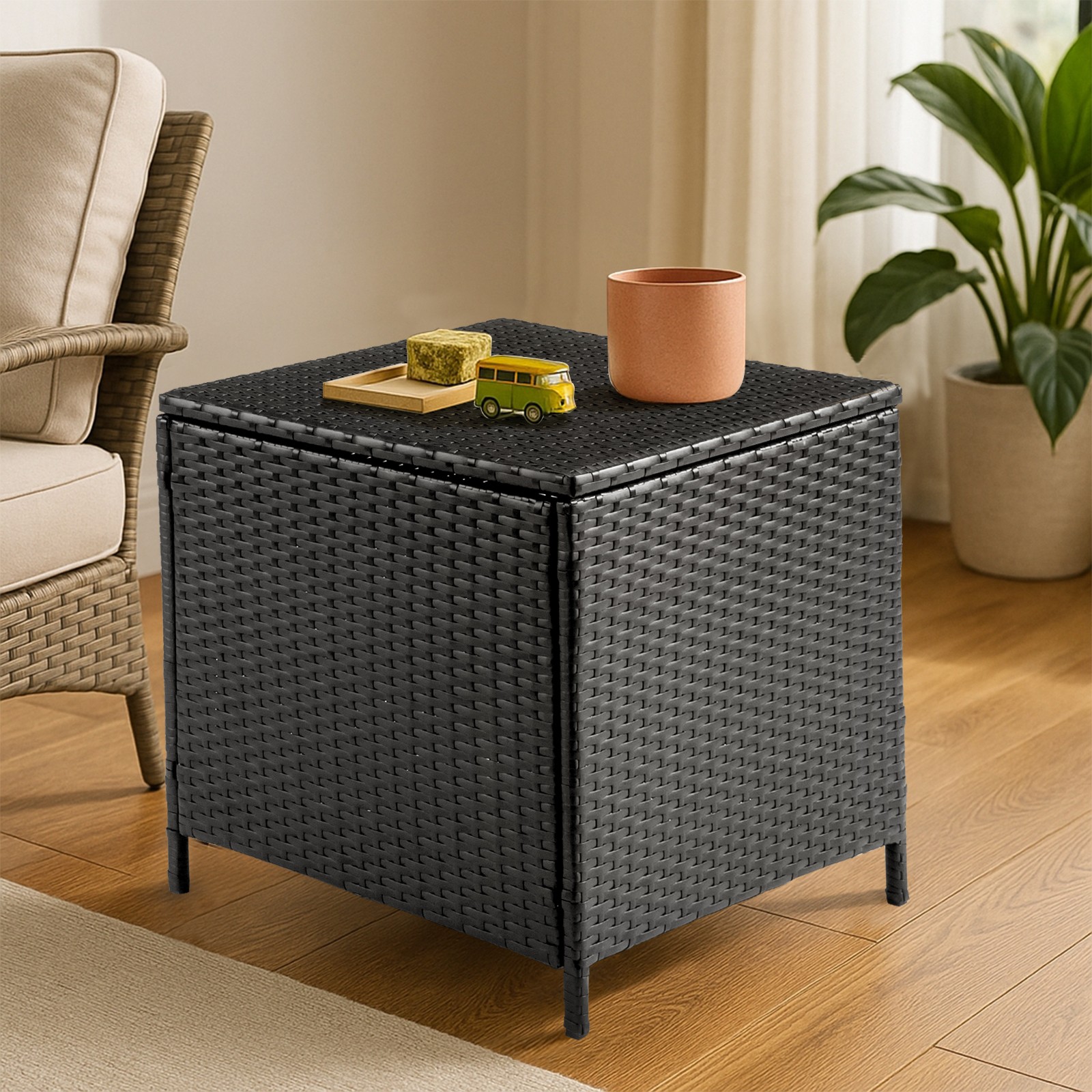 Side Patio Rattan 27.5 GAL In/Outdoor PE Black Wicker End Table Square Container