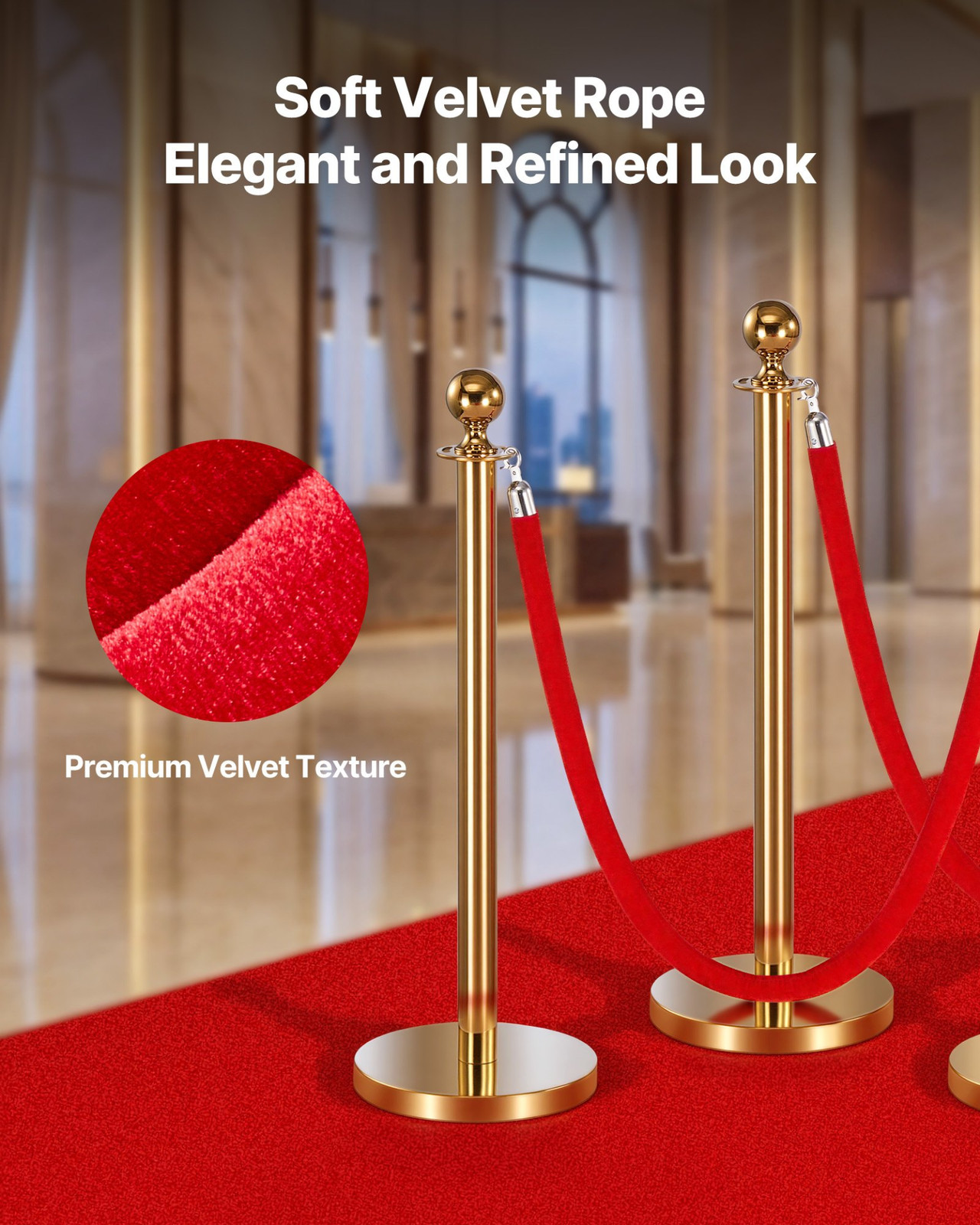2PCS Red Velvet Stanchion Ropes 5ft Crowd Control w/ Silver Hooks