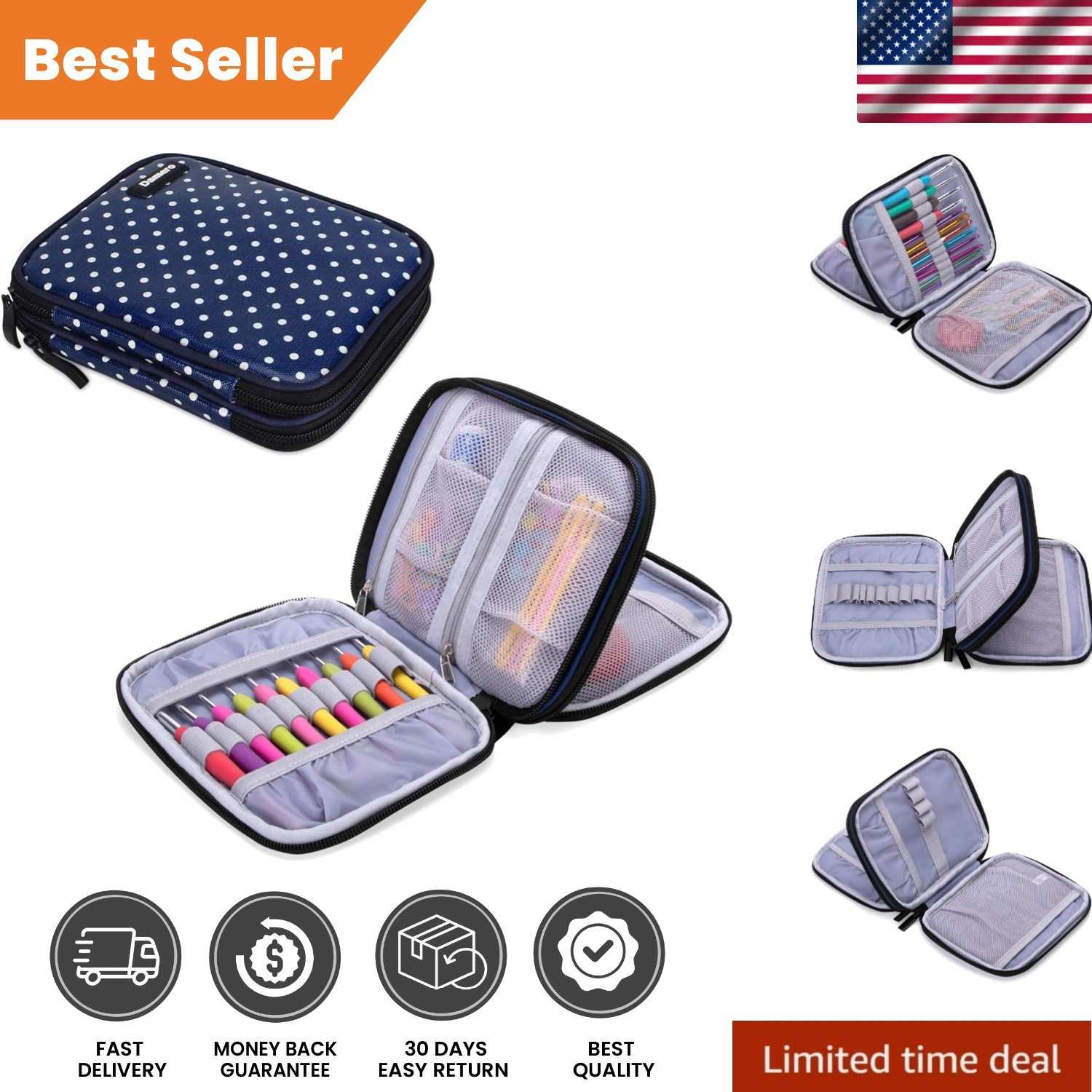 Lightweight Blue Dots Crochet Case - Organized Storage for Needles & Accessories