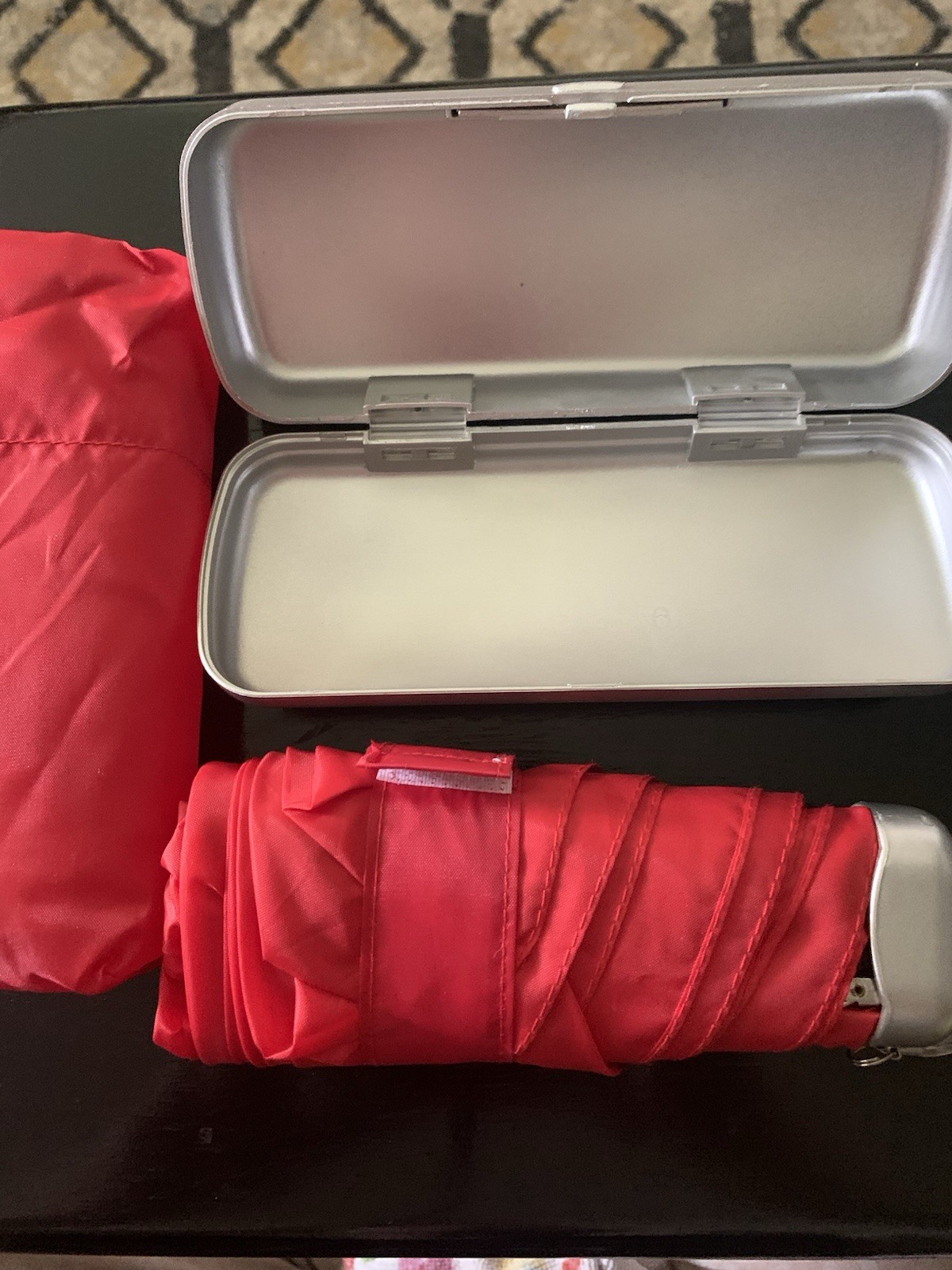 Compact Folding Umbrella Rain Weather in Silver Case Red Umbrella