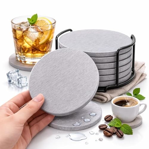 Premium Stone Coasters Set for Drinks – 6 Round Absorbent Coasters with Non