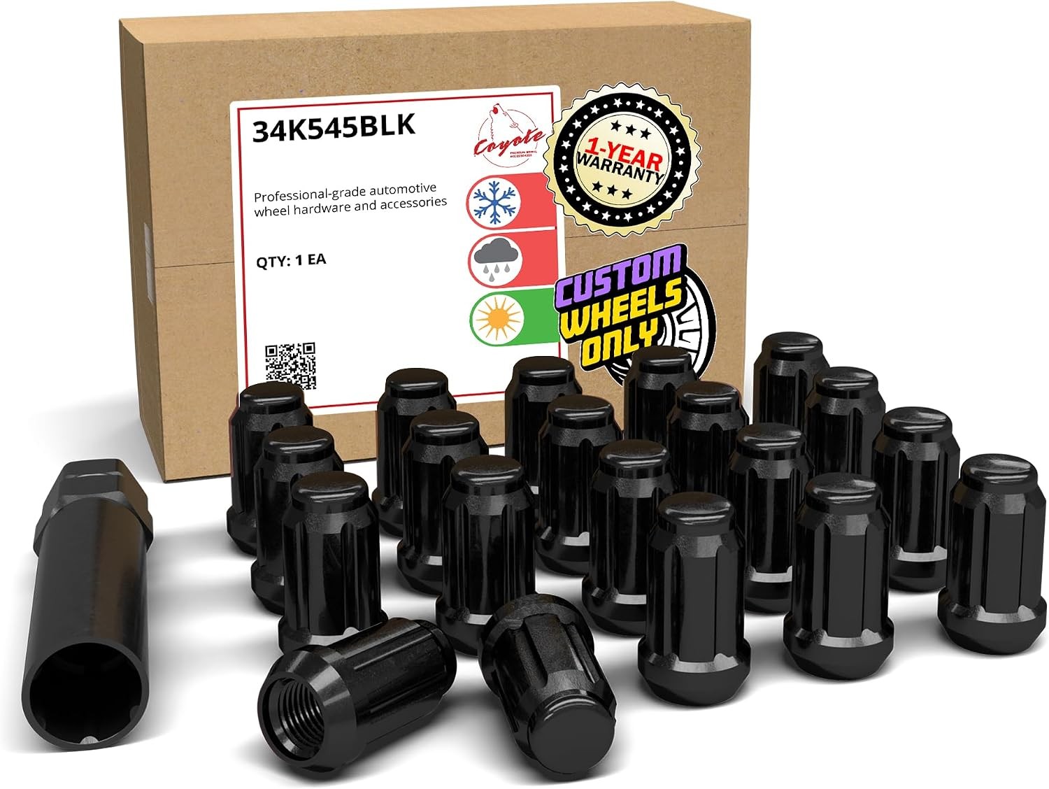Lug Nuts M12x1.5 Spline Hex 60 Degree Black Carbon Steel 20 Piece Set