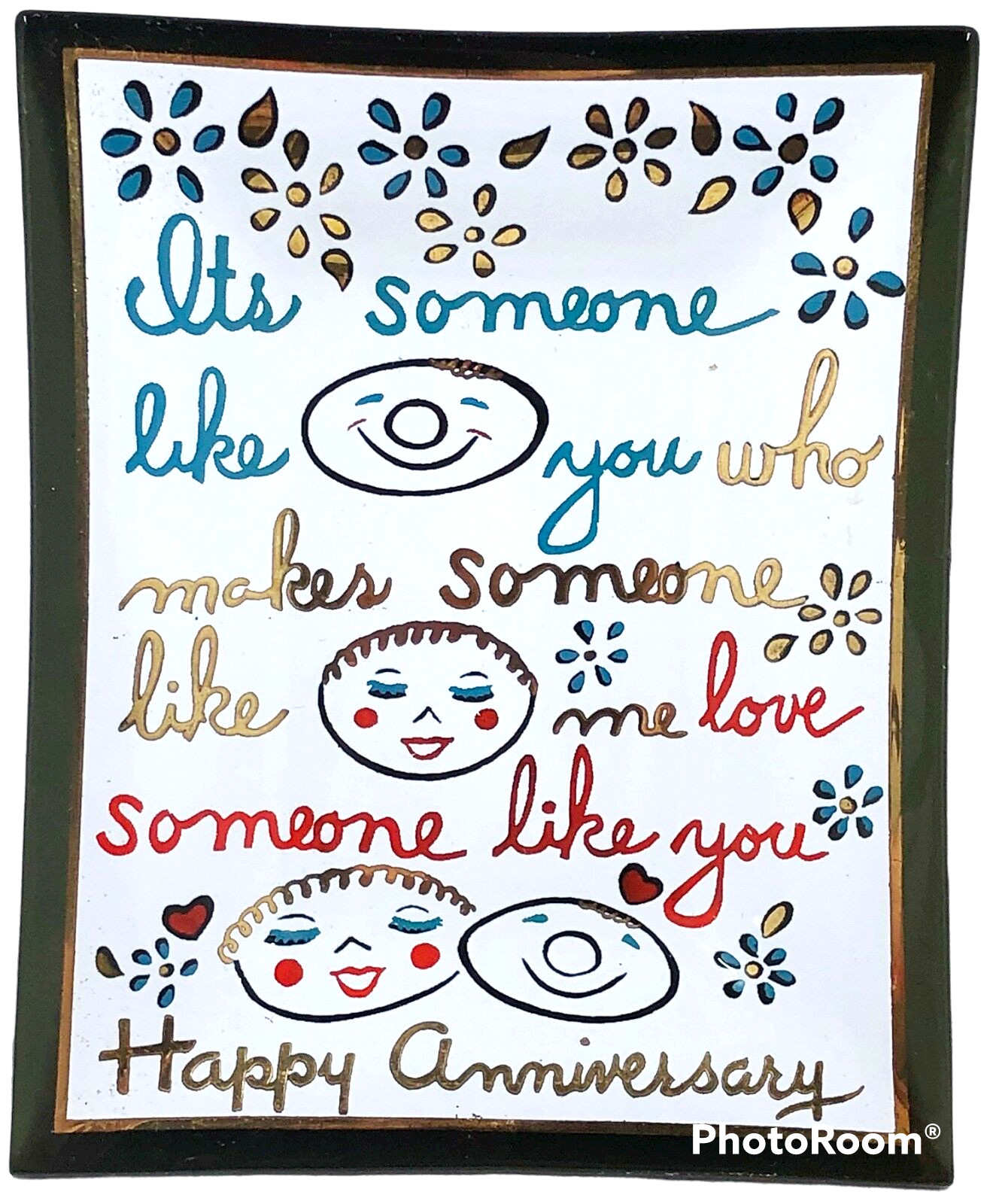 Vintage HOUZE ART GLASS Anniversary Dish Smoked Glass 4.5" Funny Graphics
