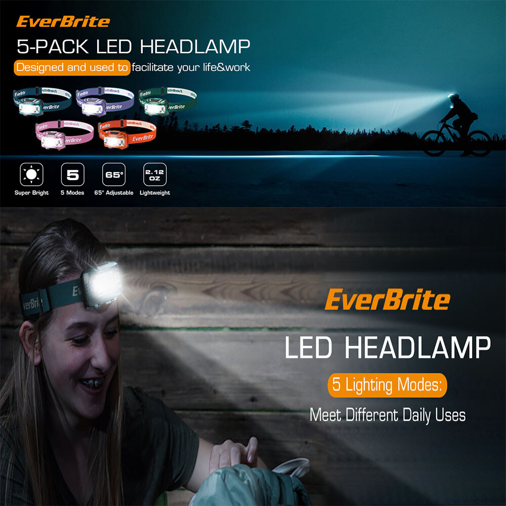 EverBrite Headlamp 5Pack w/Red Light&Memory Function 5 Modes Batteries Included