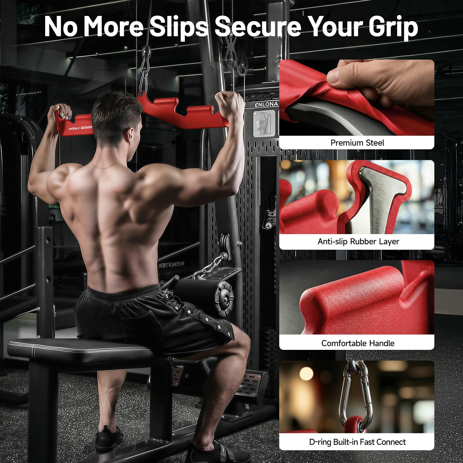 MOST GRIP LAT Pull Down Bar with 6 Ergonomic Handles, Neutral Grip Red
