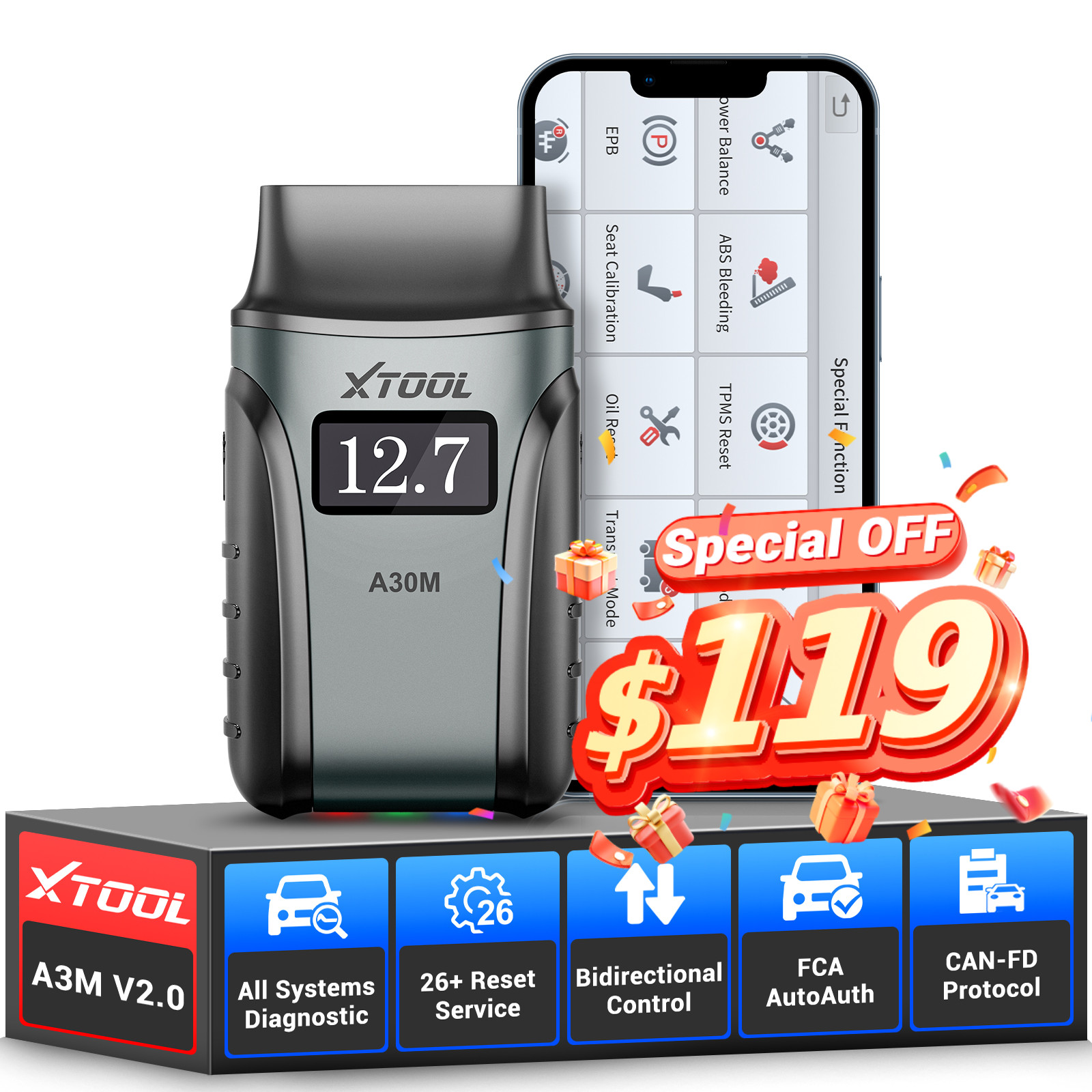 XTOOL A30M V2.0 Bluetooth Auto OBD2 Scanner Full System Diagnostic Tool 26+Reset