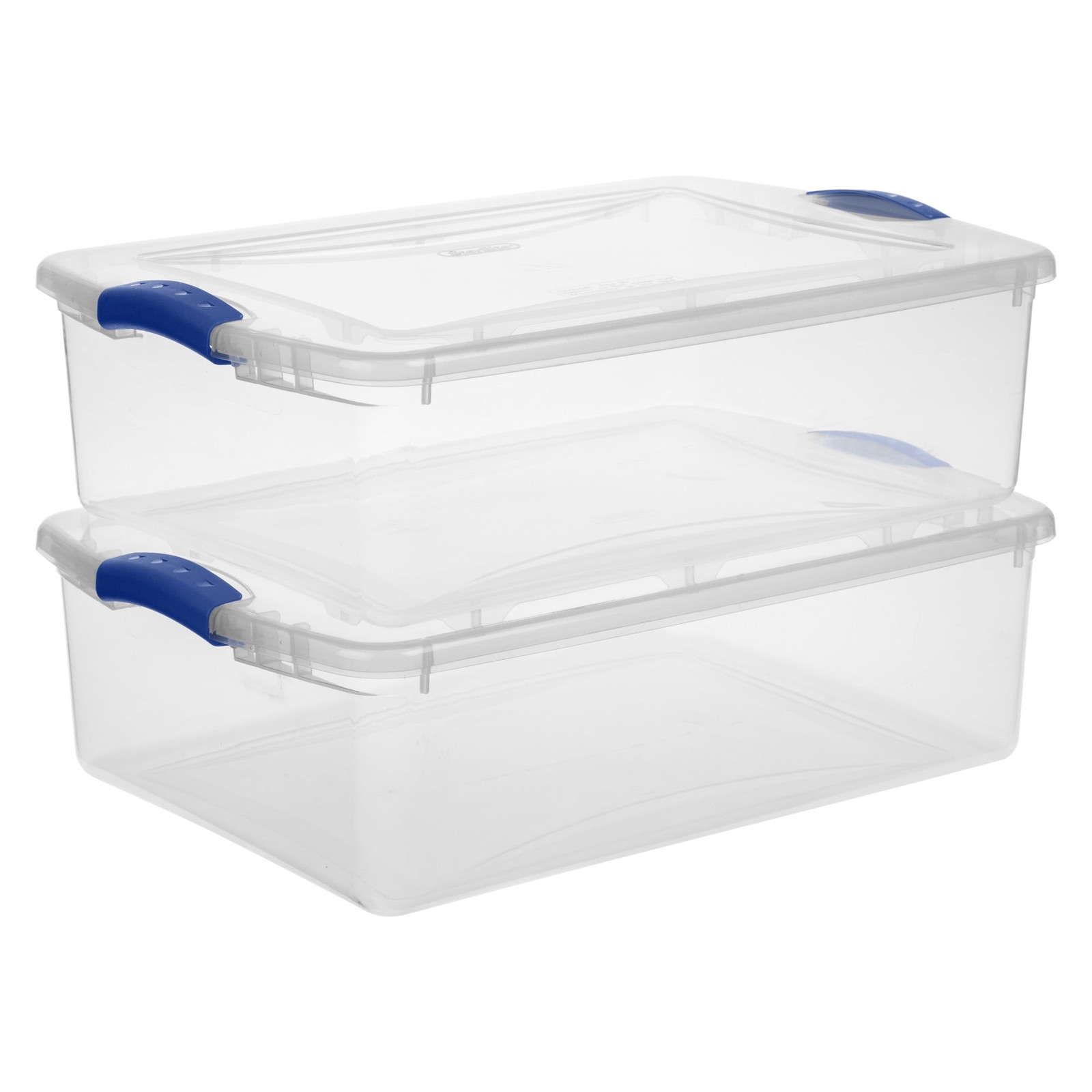 32 Quart Clear Storage Bin, Latching Lid Container, Blue