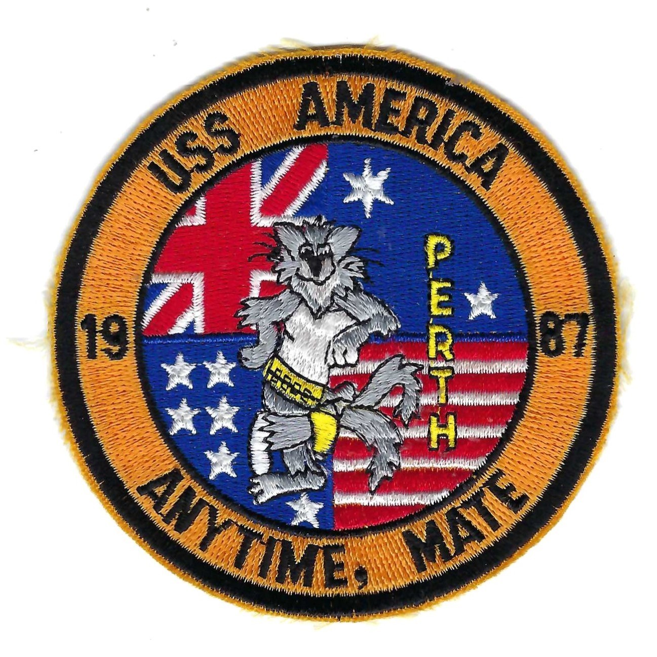 ORIGINAL 80's CV-66 USS AMERICA "ANYTIME, MATE 1987 PERTH patch