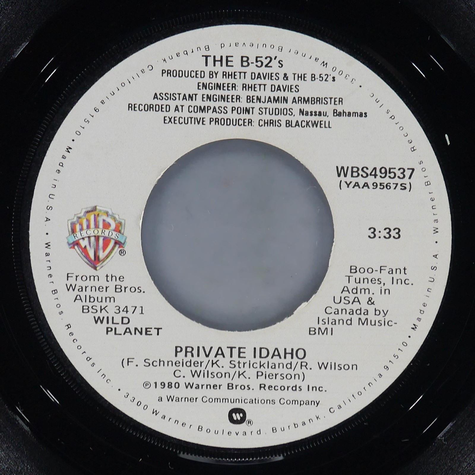 THE B-52'S Private Idaho WARNER WBS 49537 EX 45 RPM 1980 New Wave 7" Rock