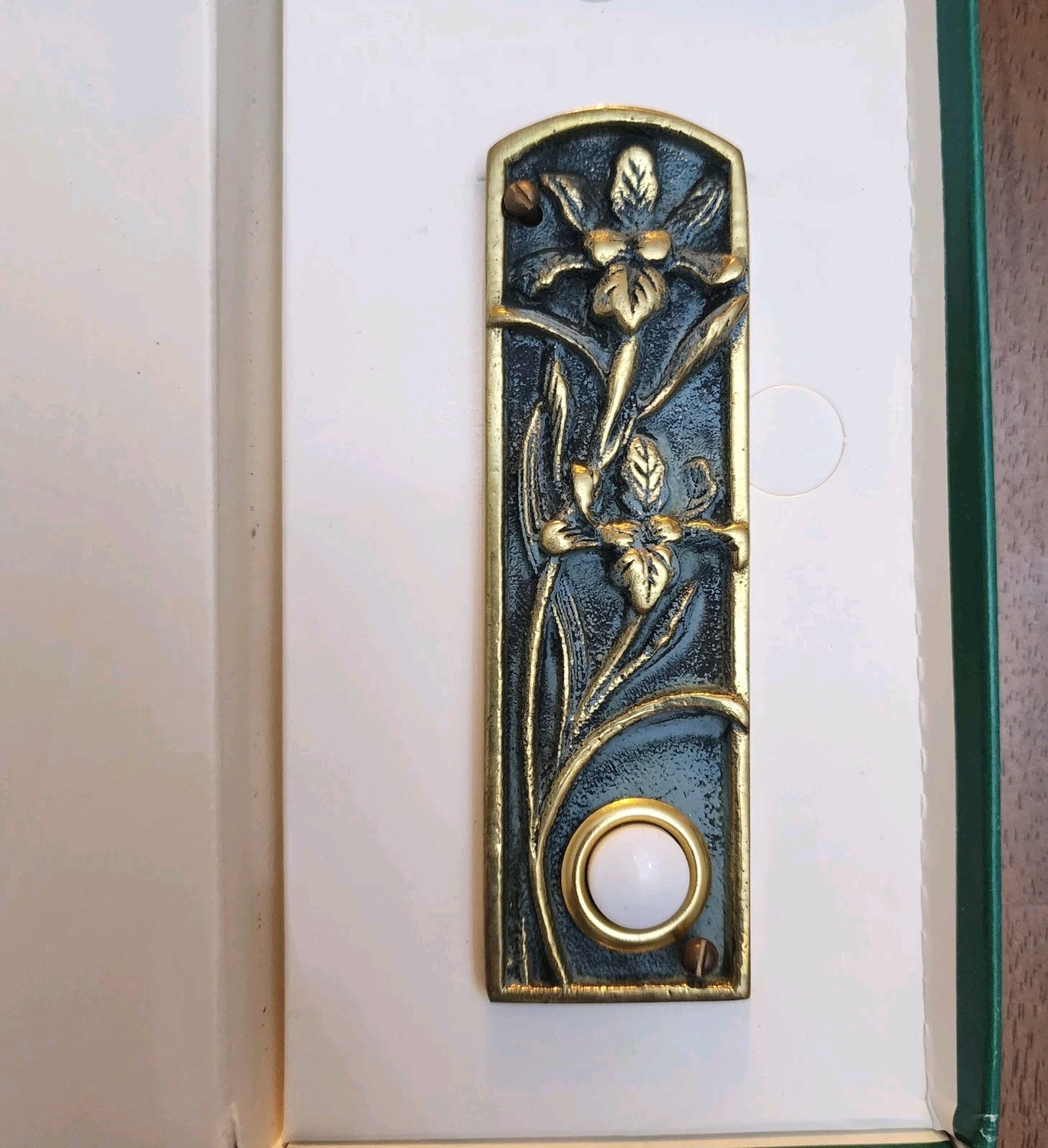 Flora & Fauna Pretty Doorbell Solid Brass Petina - In Box - Never Used-Irises