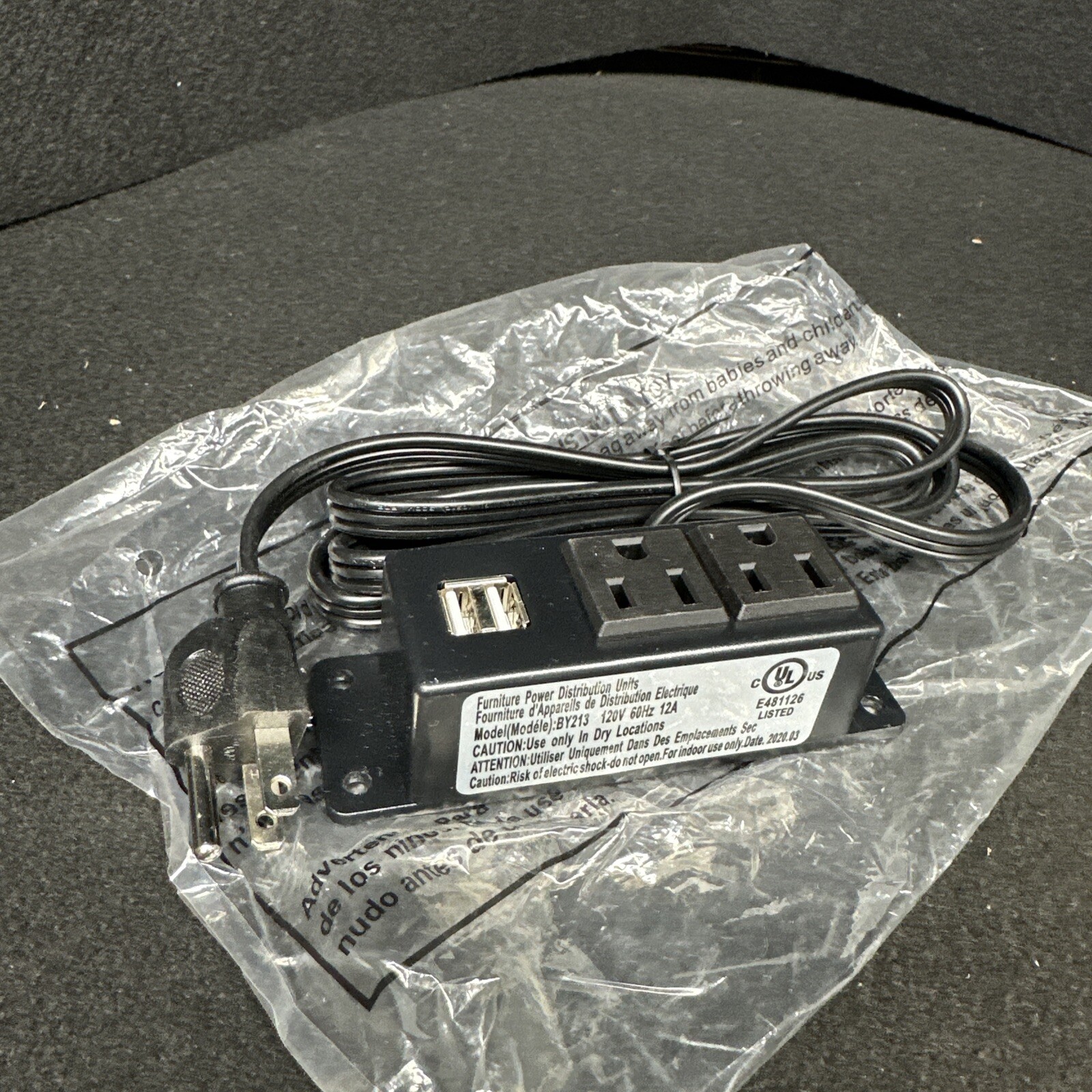 BY213 Power Strip 2 AC Outlets & 2 USB Ports 120V/12A 5' Power Cord (st1132)