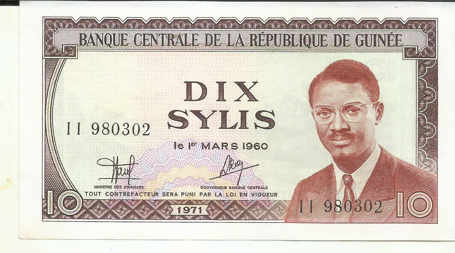 GUINEA 10 SYLIS 1971  P 16. UNC CONDITION. 3RW 09MAI