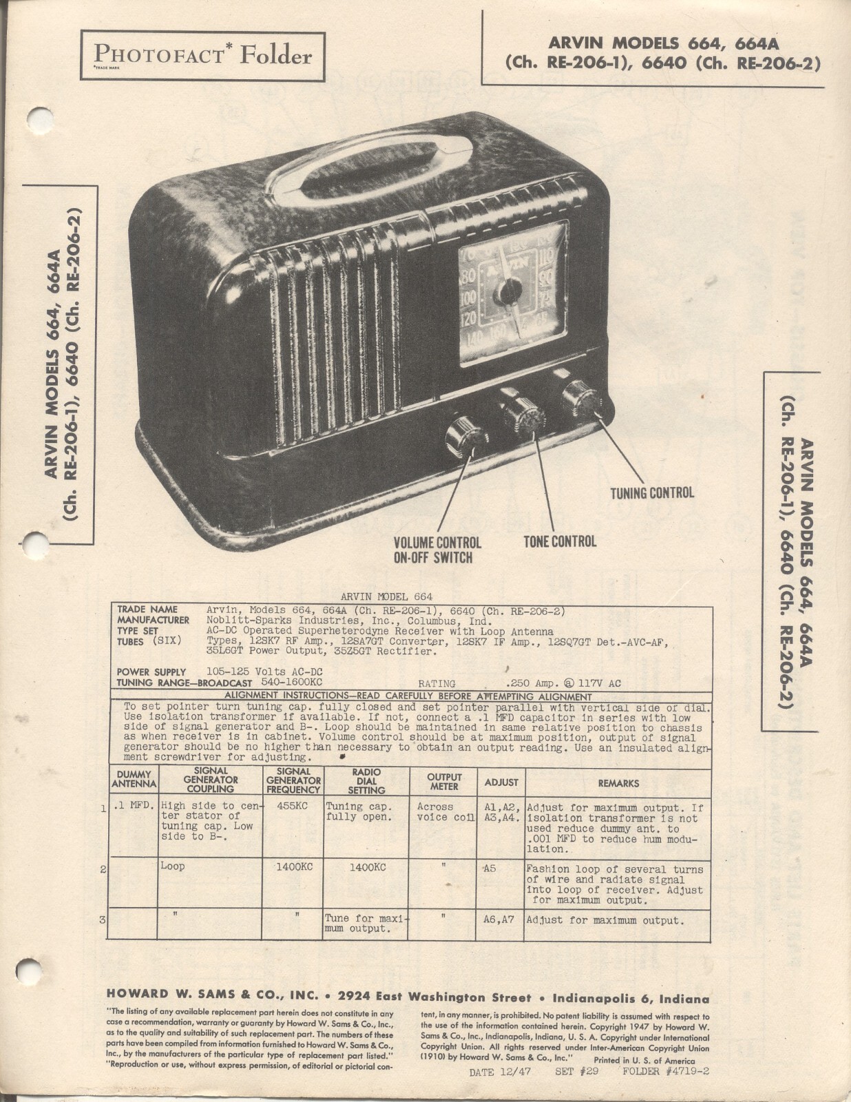 ARVIN 664, 664A Ch RE-206-1, 6640 Ch RE-206-2, SAMS Photofact 1947, 4 Pages, NOS