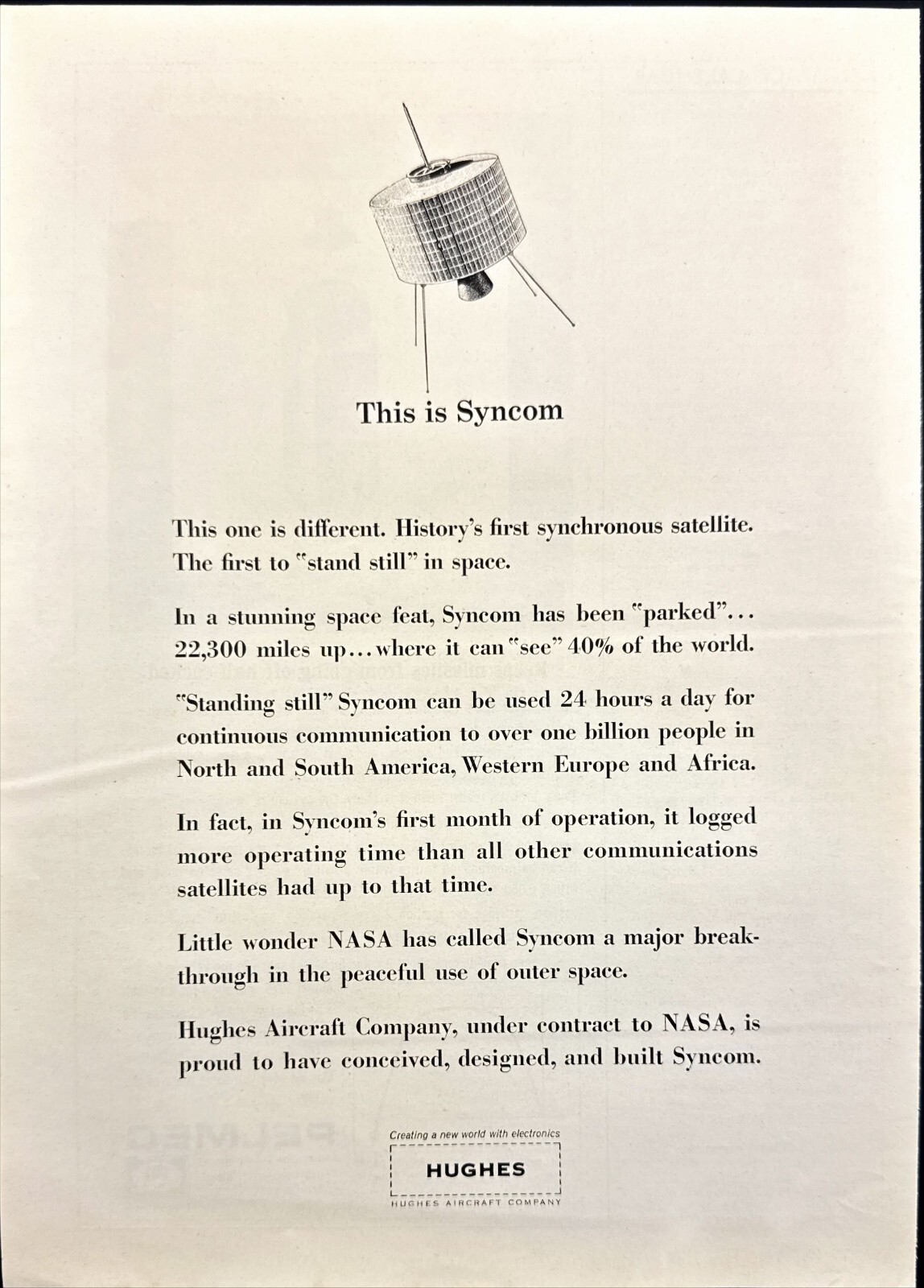 Hughes Aircraft Syncom First Synchronous Satellite NASA Print Ad 1963