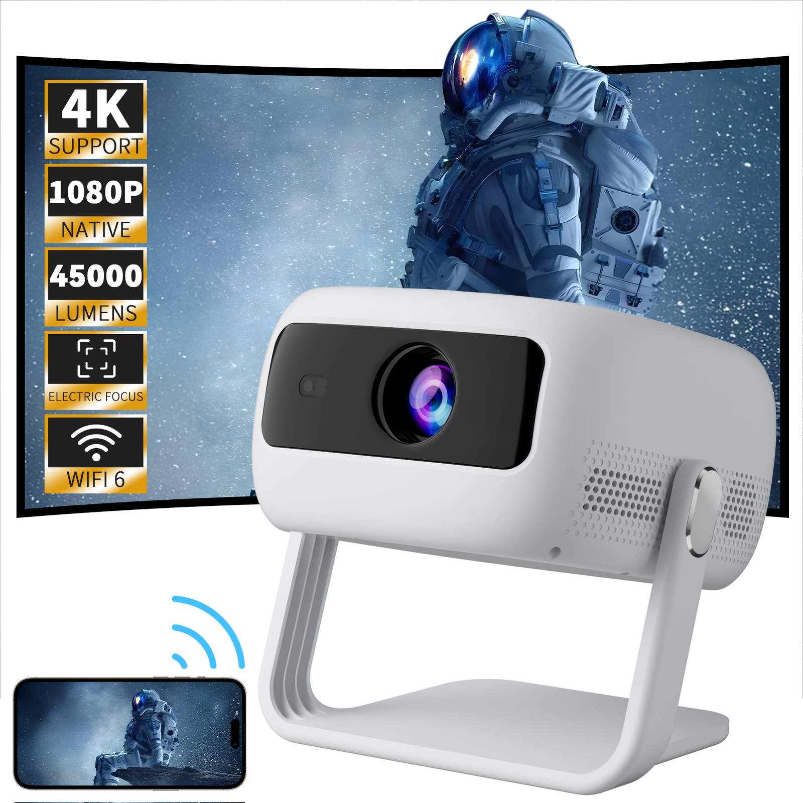 4K Projector 45000LMS with 360° Stand 1080P FHD WiFi Bluetooth HDMI Home Theater