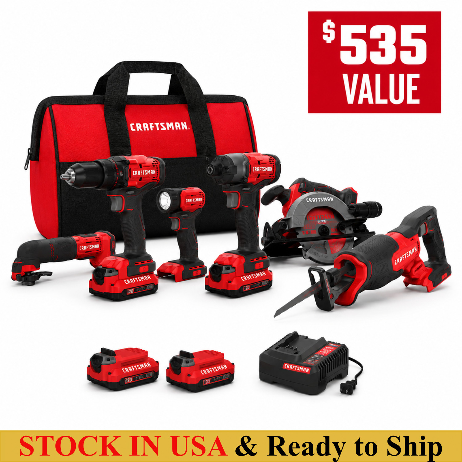 CRAFTSMAN V20 20V 6-Tool Cordless Combo Kit Case 2-Batteries Charger Included