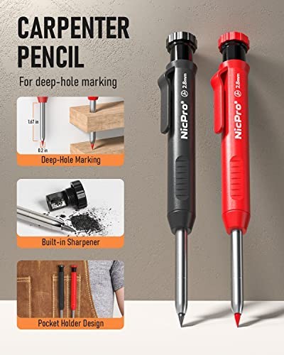 Carpenter Pencil Set with Sharpener & 26 Refills, Deep Hole Marker for Woodworki