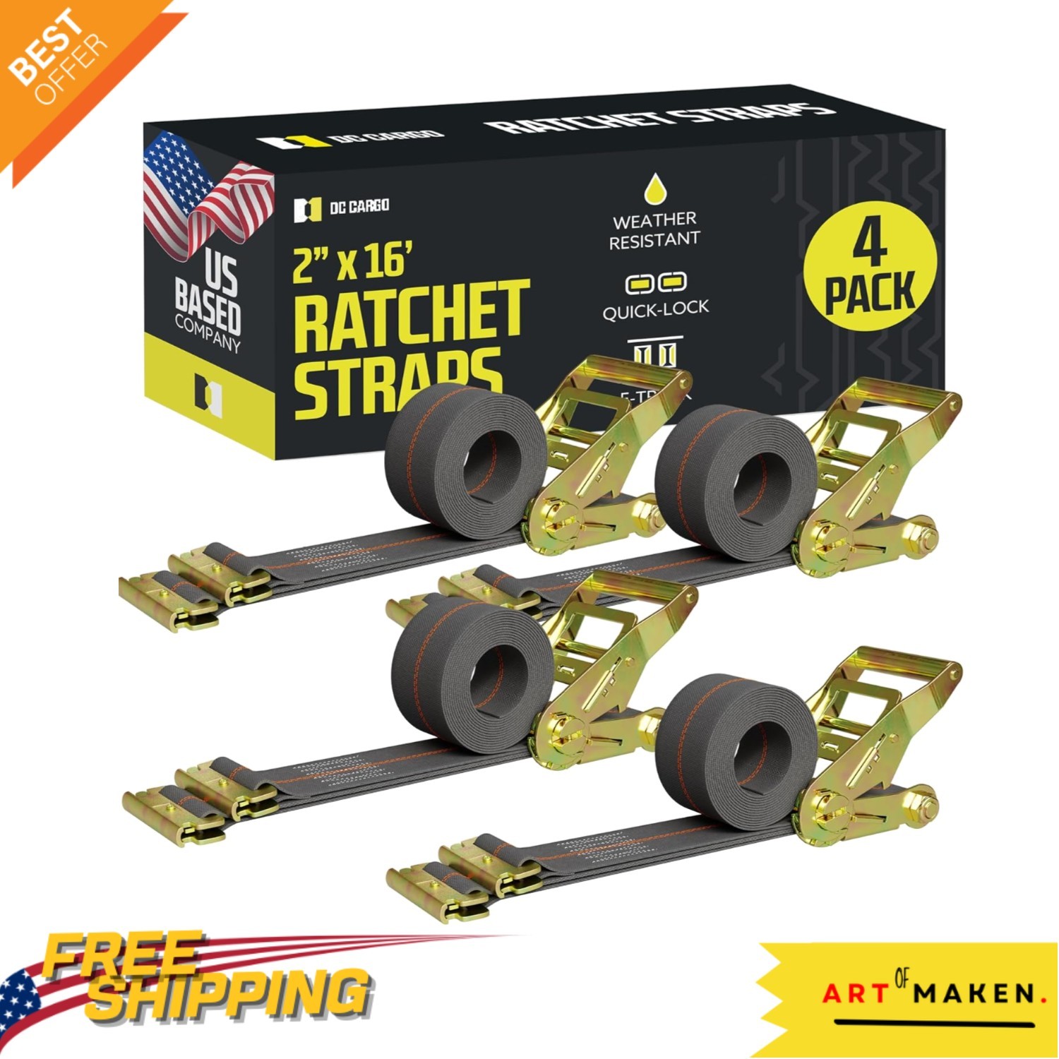 Heavy-Duty E-Track Ratchet Straps 2" x 16" - 4 Pack, Safe & Reliable Cargo Load