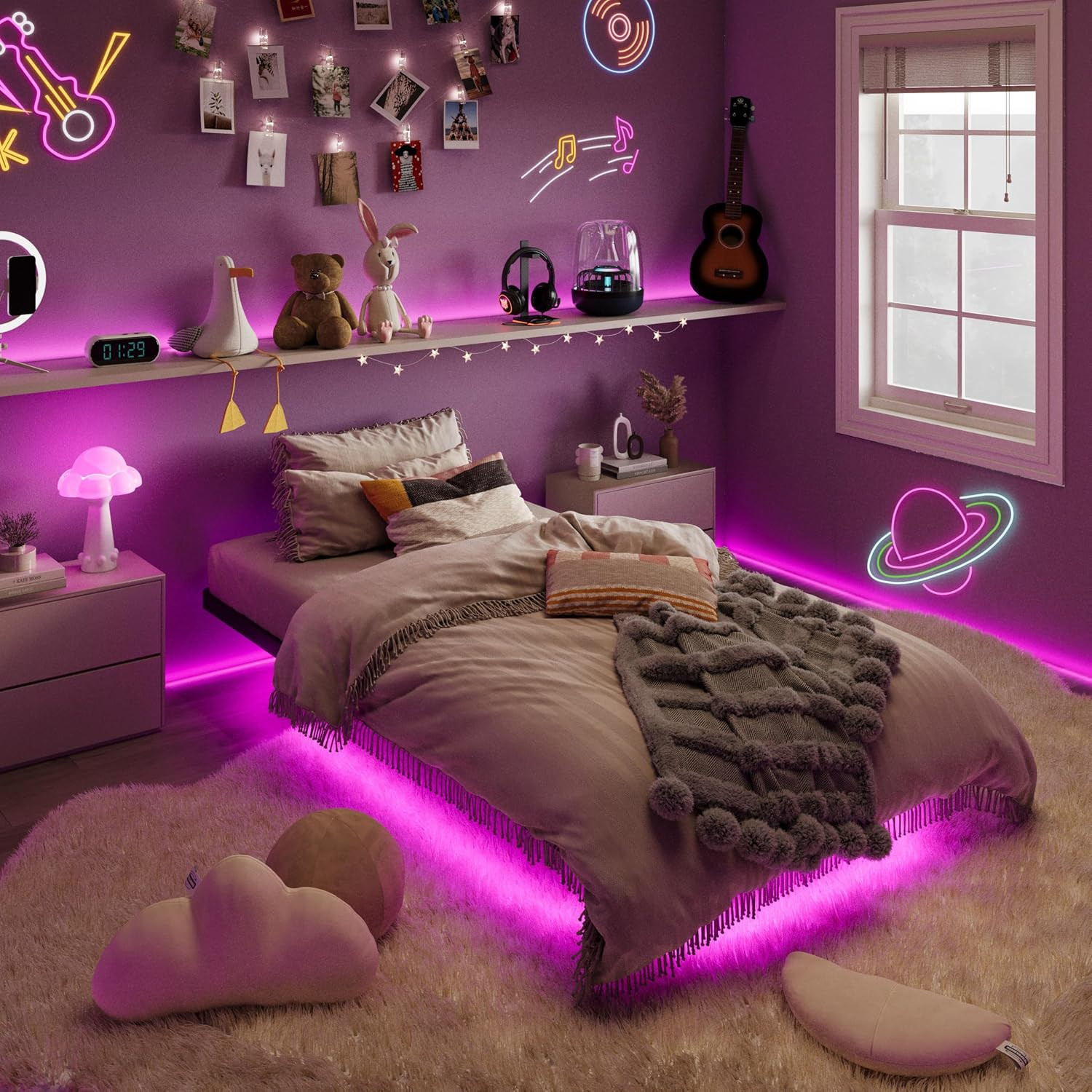 Twin Size Floating Bed Frame with Smart LED Lights, Black | Modern Design Metal