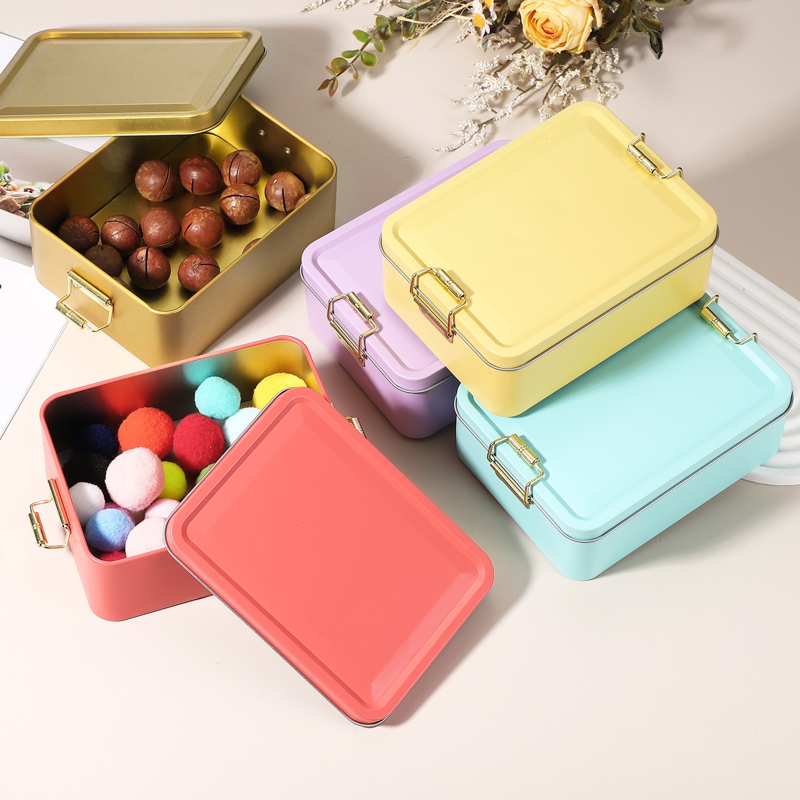 2Pcs Metal Rectangular Tinplate Tin Box with Buckle Gold