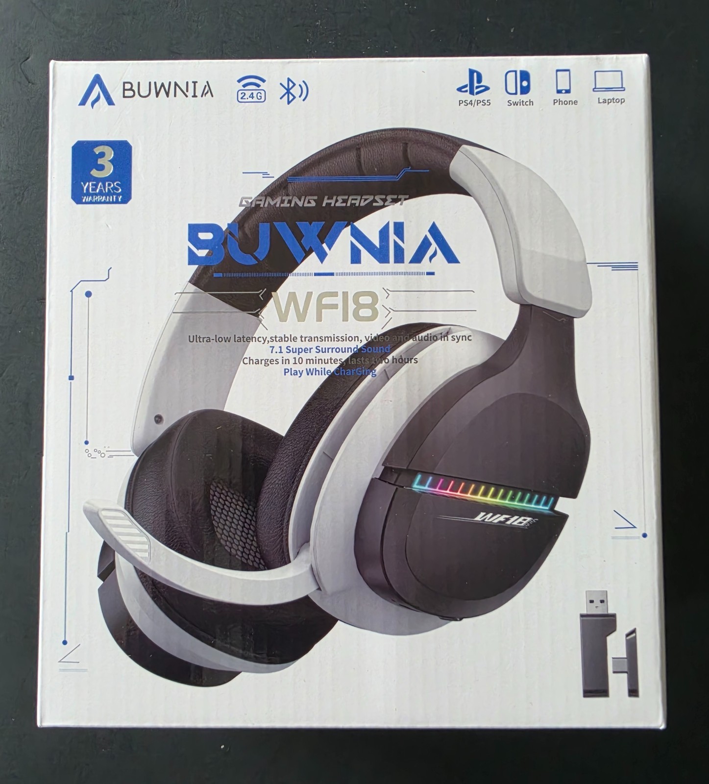 Buwnia WF18 Wireless Gaming Headset 7.1 Surround Sound for FPS,PS5, PC, Switch