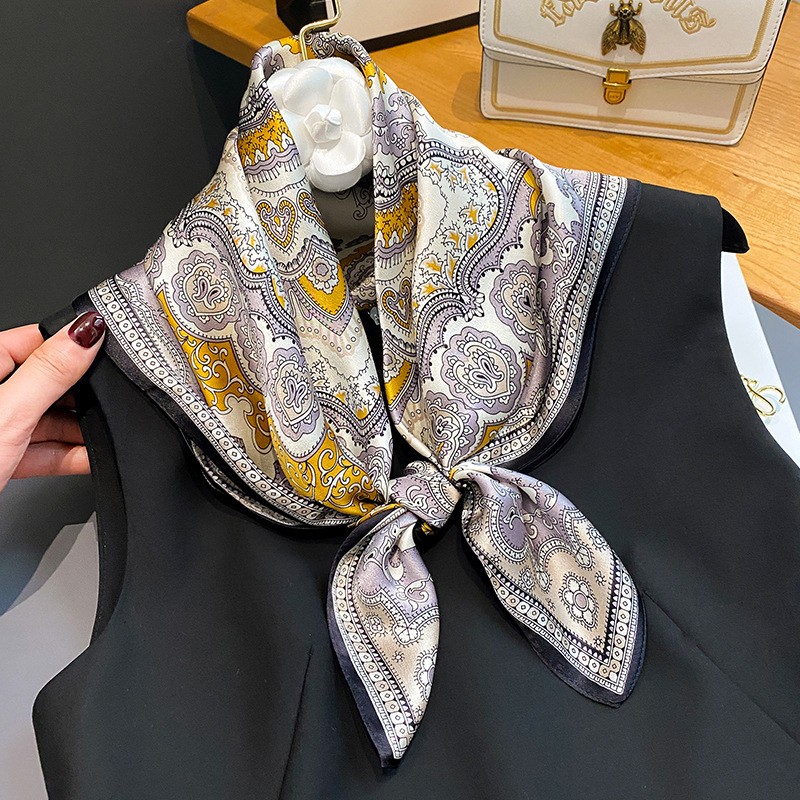 100% Silk Square Scarf Women Neckerchief Bandana Wrap Beige Yellow Paisley 68cm-
