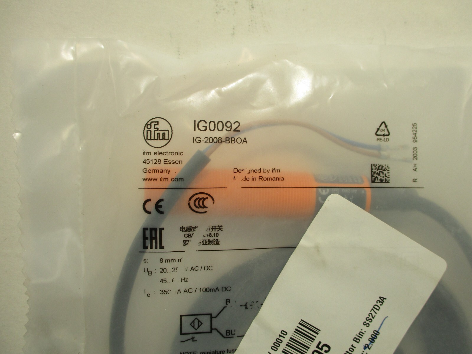 IFM IG0092 INDUCTIVE SENSOR 8MM SENSING RANGE / NEW IN FACTORY PACKAGING
