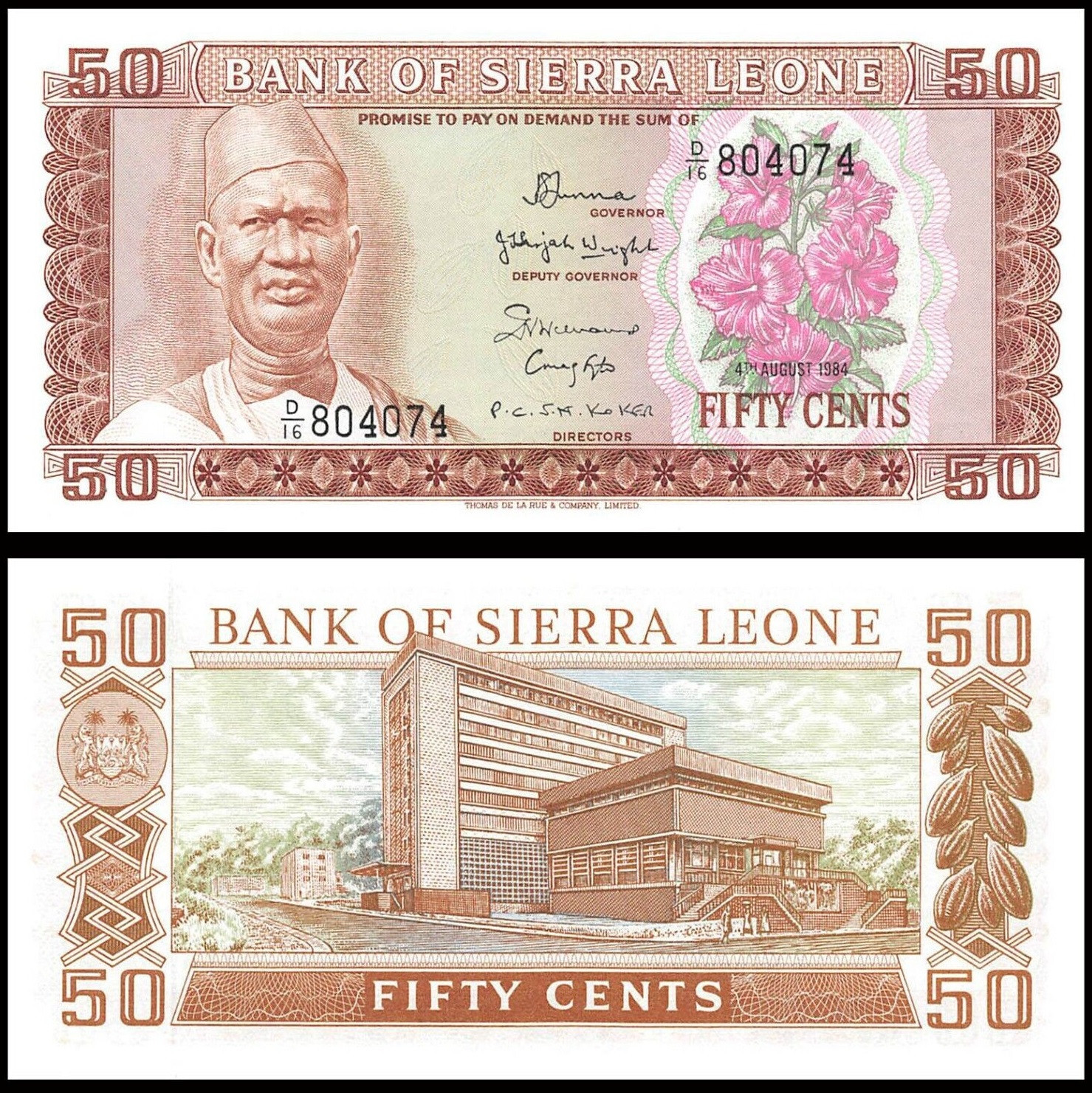 SIERRA LEONE 50 CENTS 1984 UNC D-16,PRESIDENT SIAKA sTEVENS,HIBISCUS FLOWERS,BAN