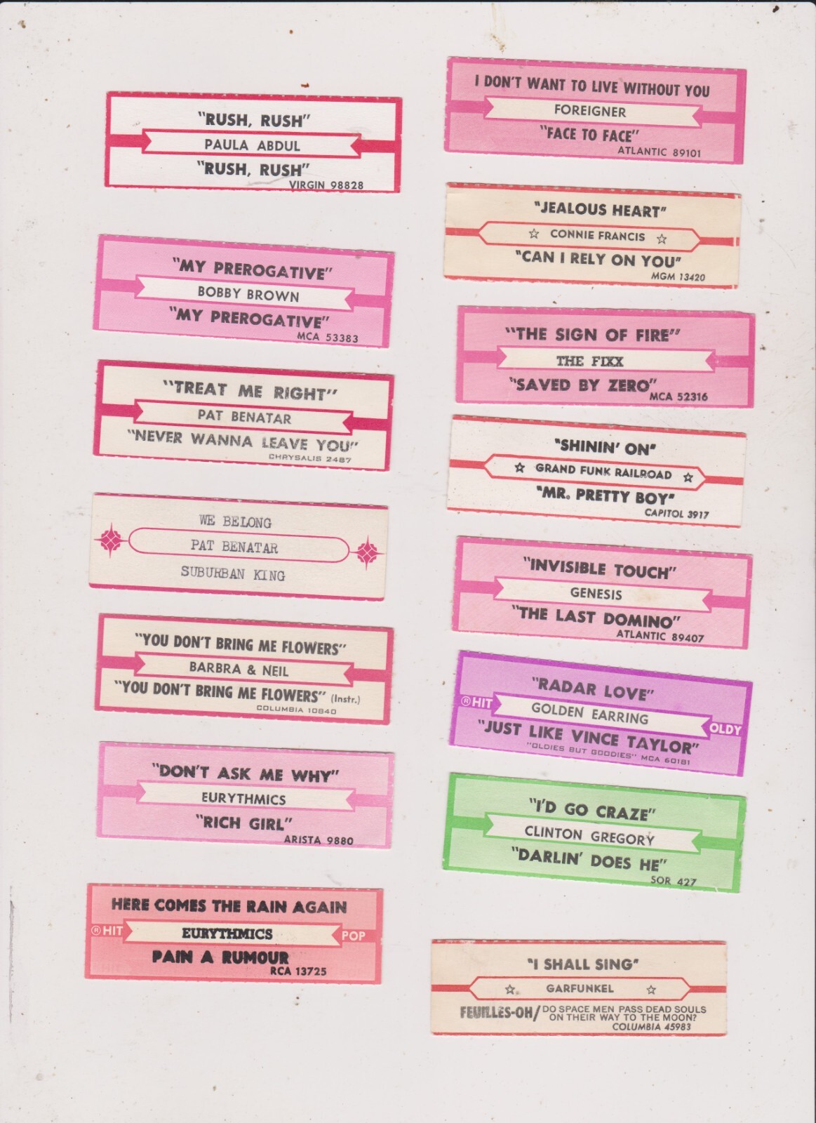 15 ROCK JUKEBOX TITLE STRIPS LOT 4.FREE SHIPPING IN U S