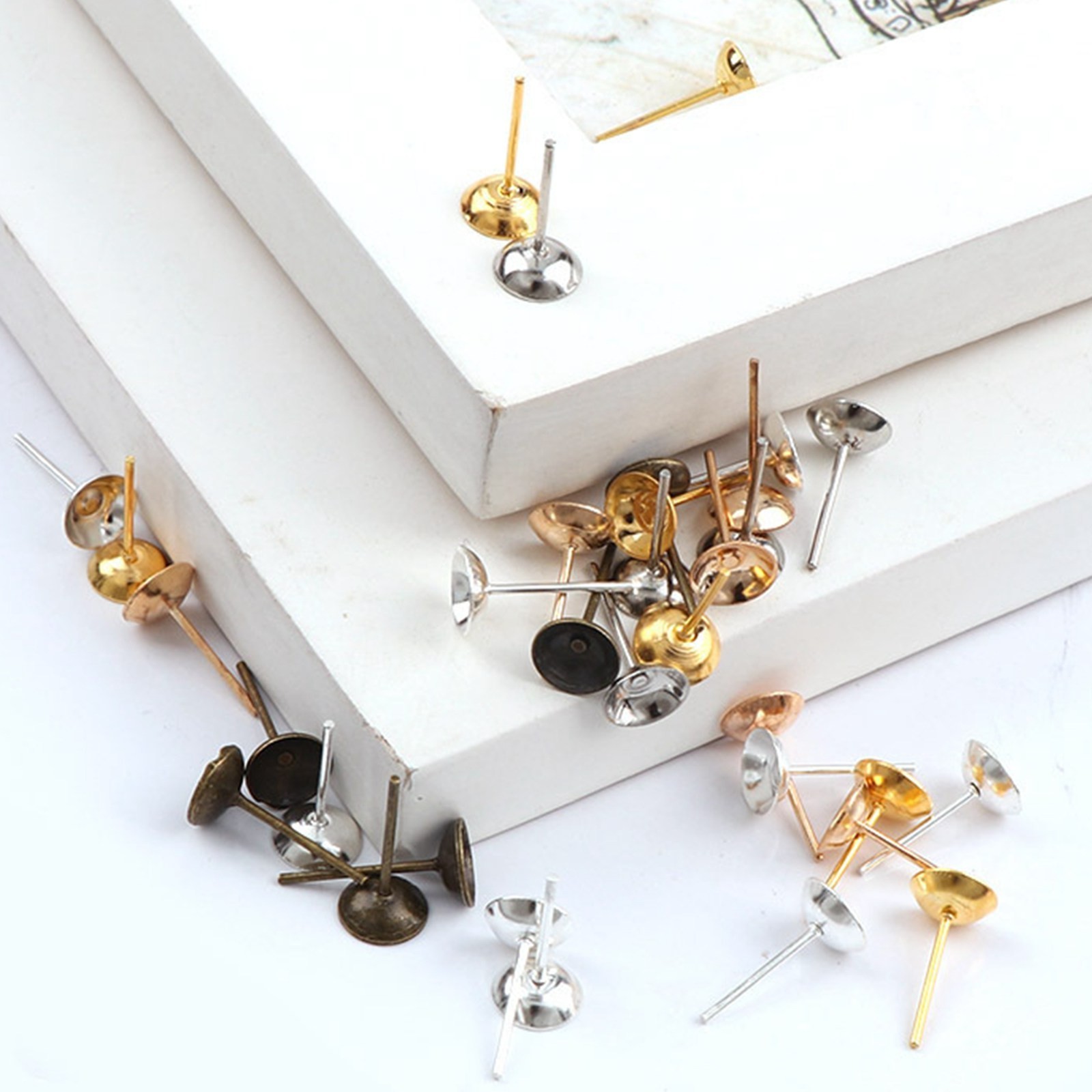 200pcs Blank Round Cup Peg 6mm 8mm Earring Stud Ear Post Pin with Stopper Settin