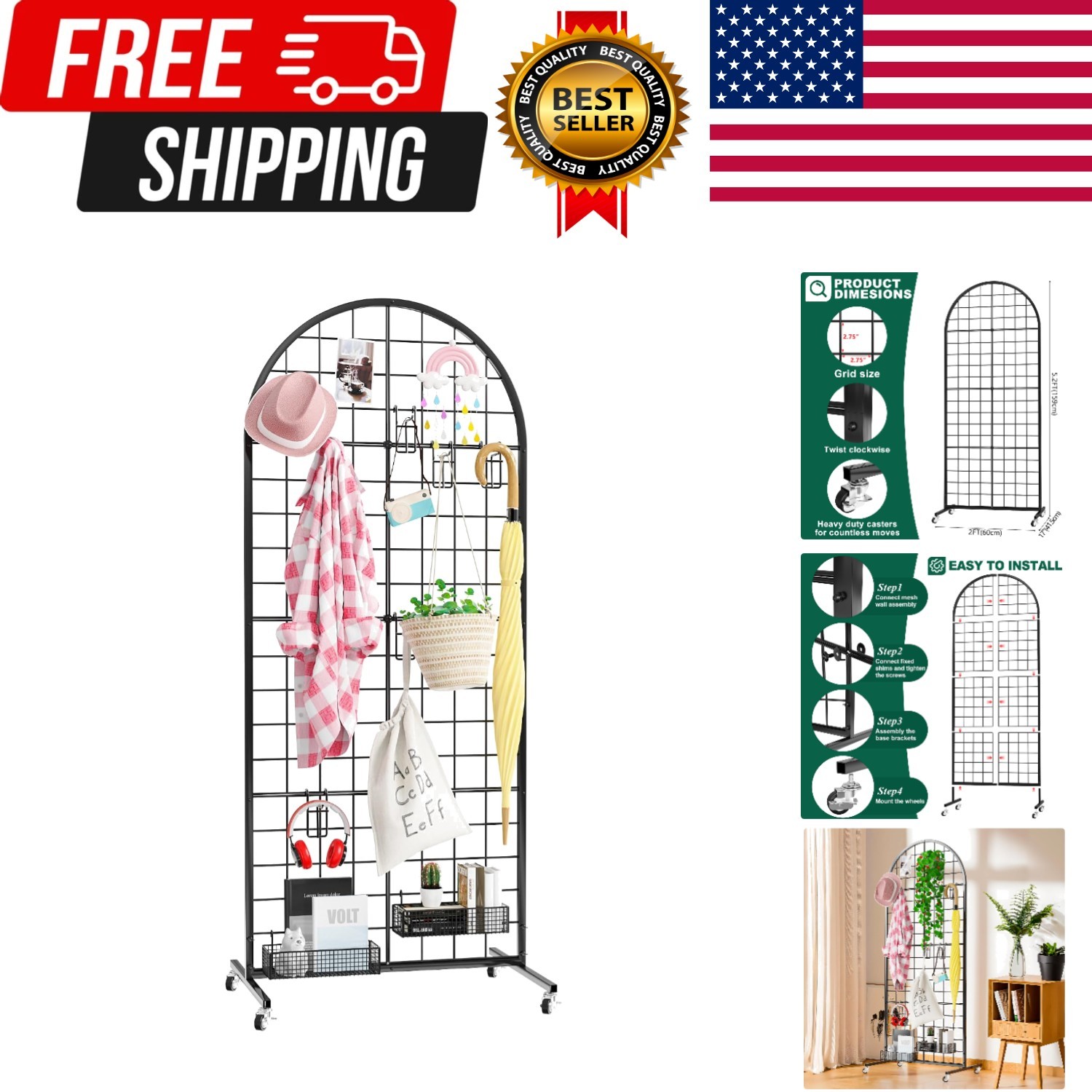 Aseem Metal Grid Wall Panels Display Stand Black Movable 2x5.2FT, 1PCS | Wire...