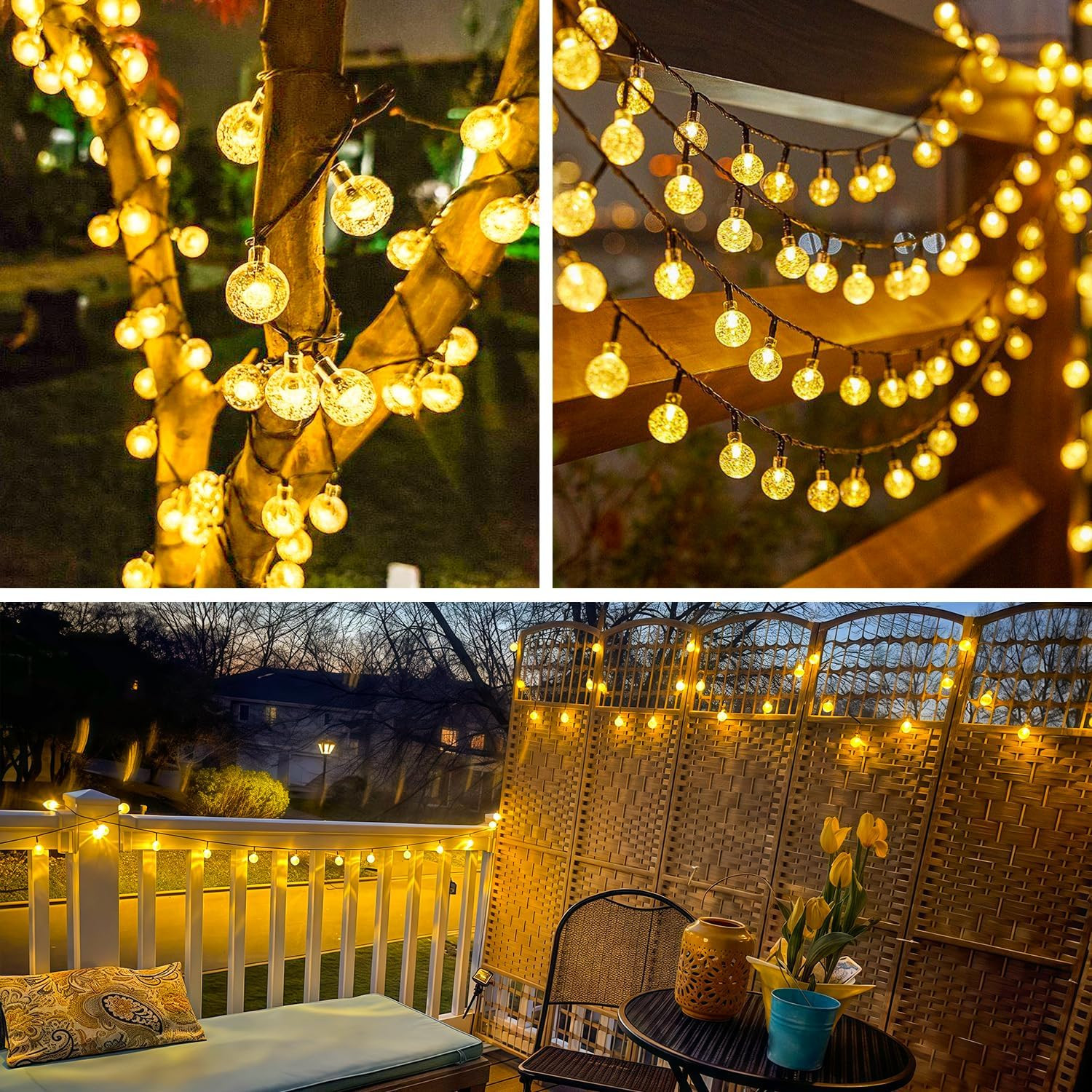 2 Pack Solar String Lights Outdoor, 60 LED, Crystal Globe | Outdoor Waterproof,