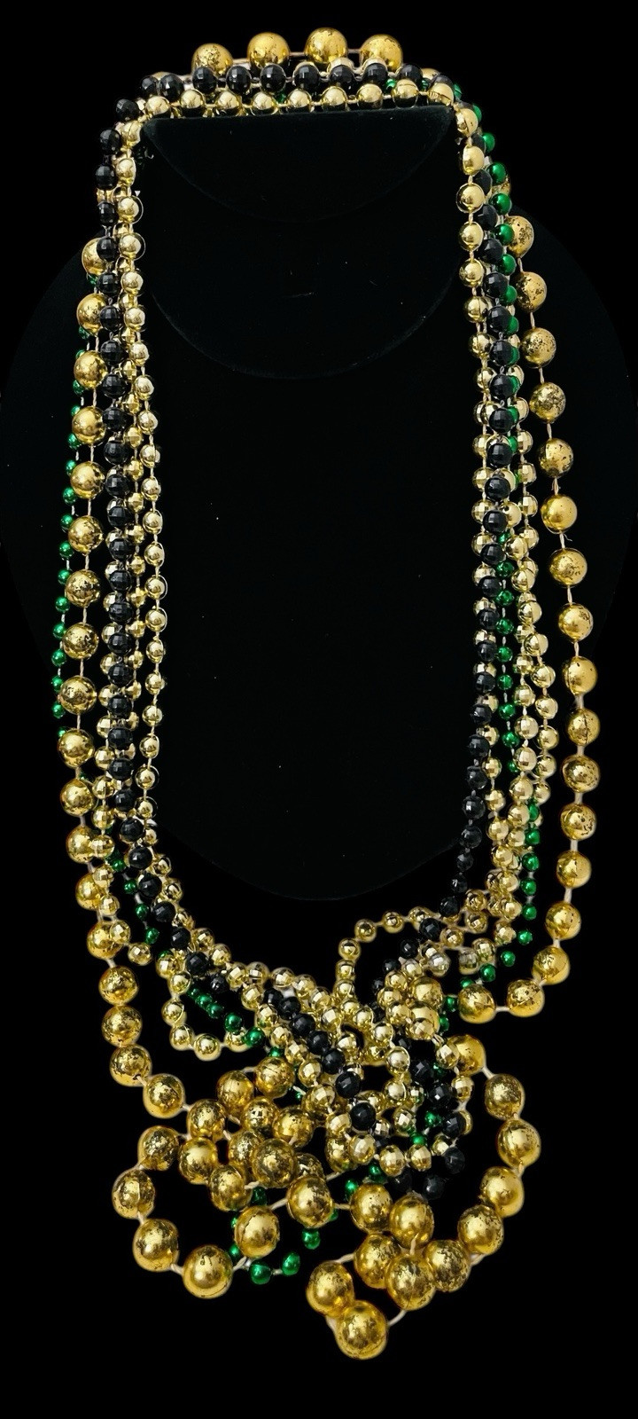 MARDI GRAS BEADS 6 STRANDS METALLIC GOLD GREEN SMOOTH FACETED JET BLACK PLASTIC
