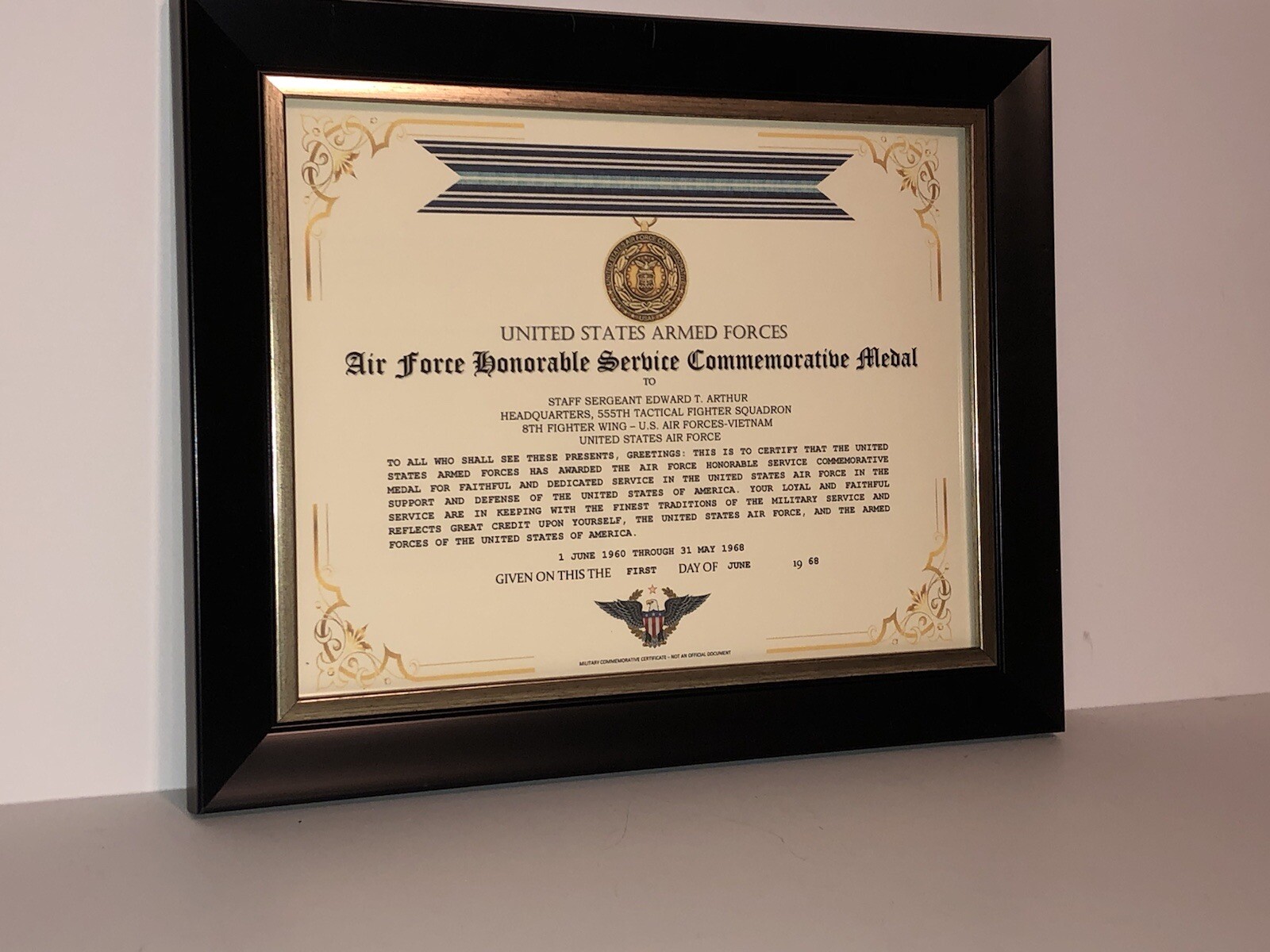 U.S. AIR FORCE HONORABLE SERVICE COMMEMORATIVE MEDAL CERTIFICATE ~ Type 1