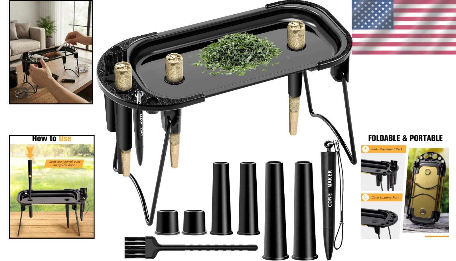 Metal Rolling Tray with Cone Loader, Cone Filler Roller, Rolling Machine & Tray