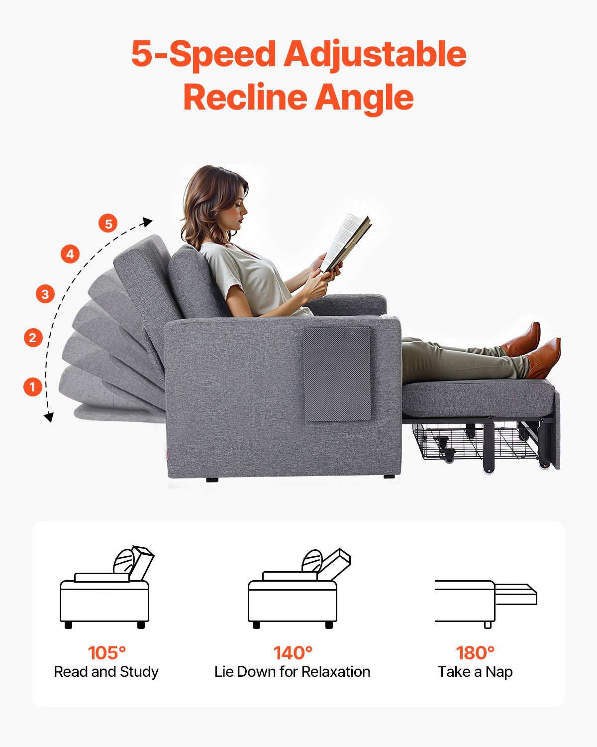 Convertible Sleeper Sofa Bed w/ Storage, Pillow, Desk, Wheels, Gray, 5-Position