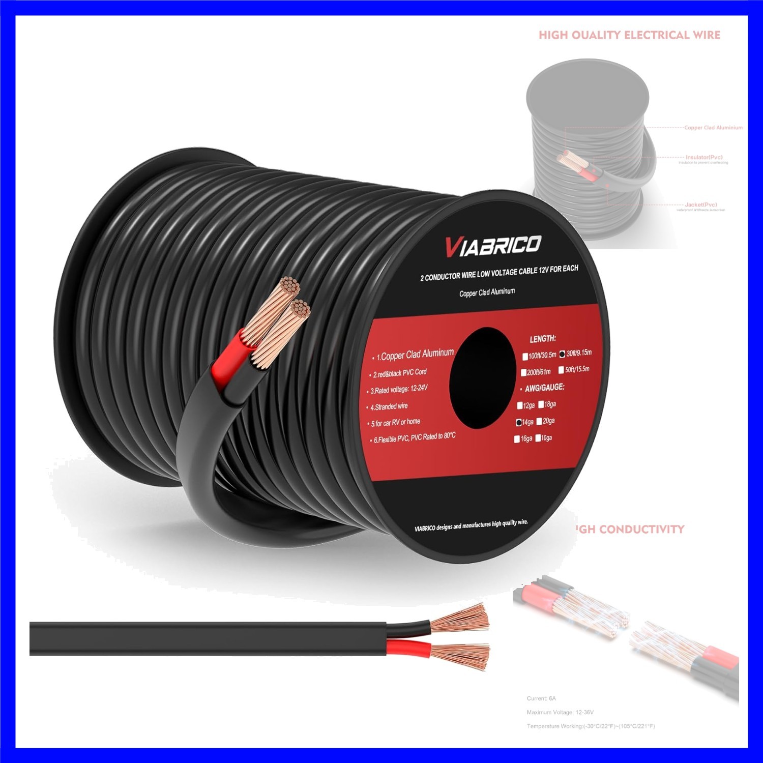 14 Gauge 2 Conductor Electrical Wire, 14 AWG 2.08mm PVC Cord, 12V/24V DC Low ...