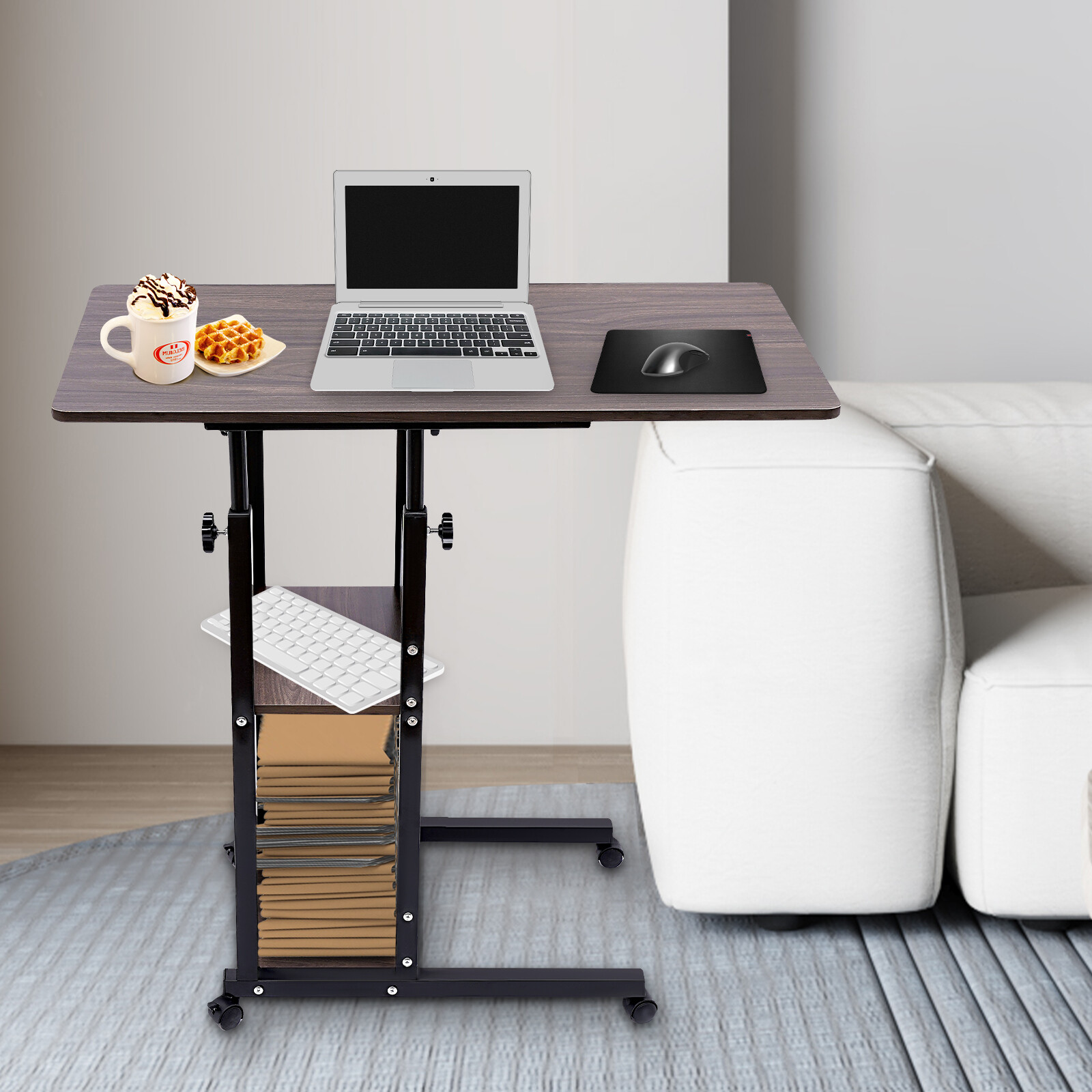 Height Adjustable C Table with Wheels and Storage Shelves for Couch Bed Recliner
