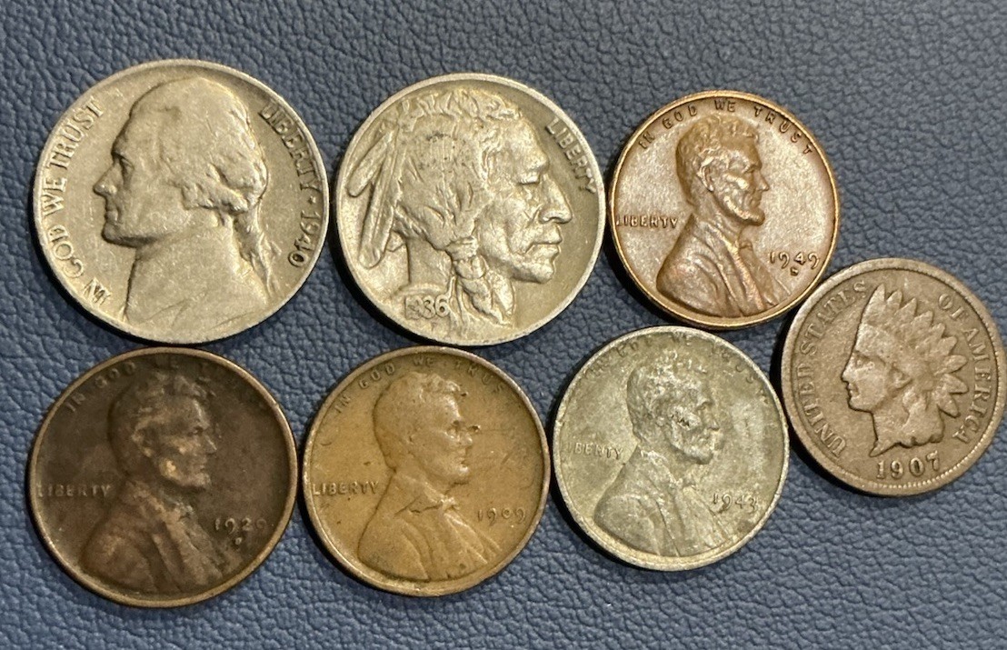 1909 Wheat Cent + 1907 Indian Cent + Buffalo/Jefferson Nickel + Mixed Wheat Cent