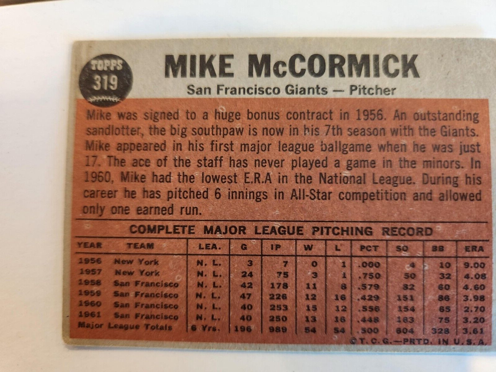1962 Topps #319 Mike McCormick