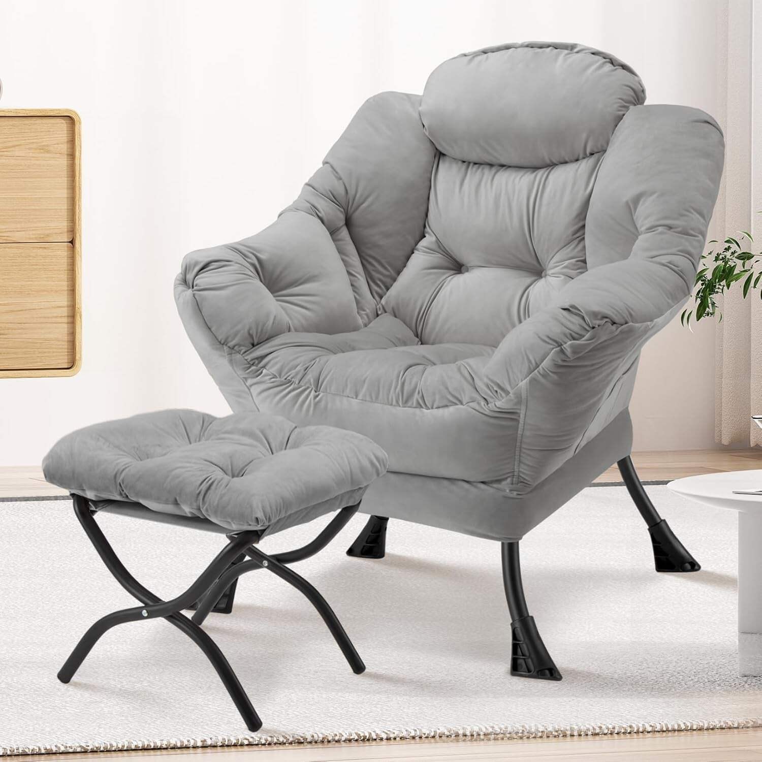 Large Light Gray Upholstered Armchair Folding Ottoman