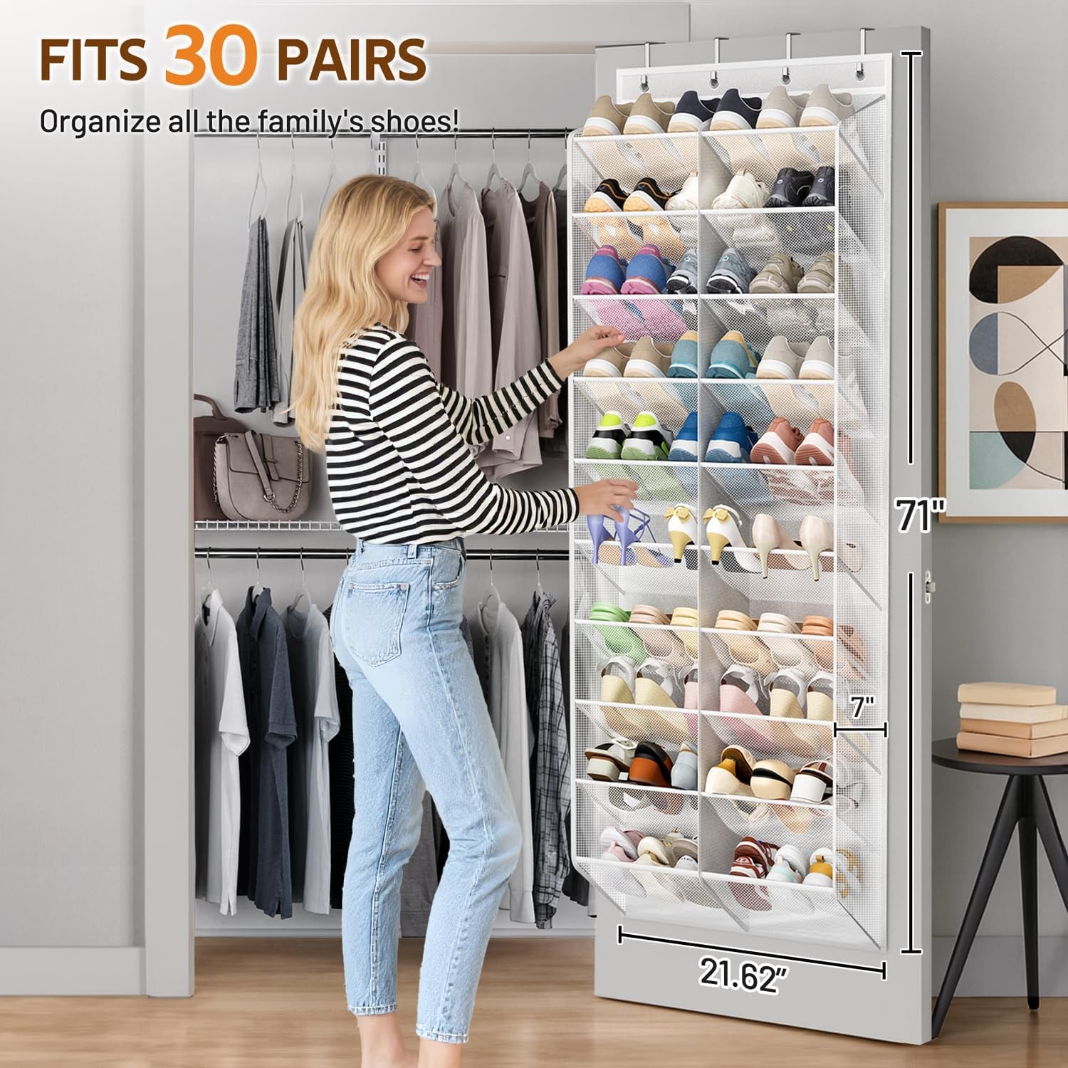 30 Pairs Over the Door Shoe Organizer Breathable Mesh Hanging Shoe Rack Closet