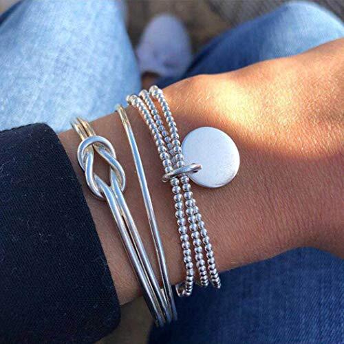 Boho Layered Knot Bangle Stackable Bracelets Silver Dainty Coin Beaded Hand