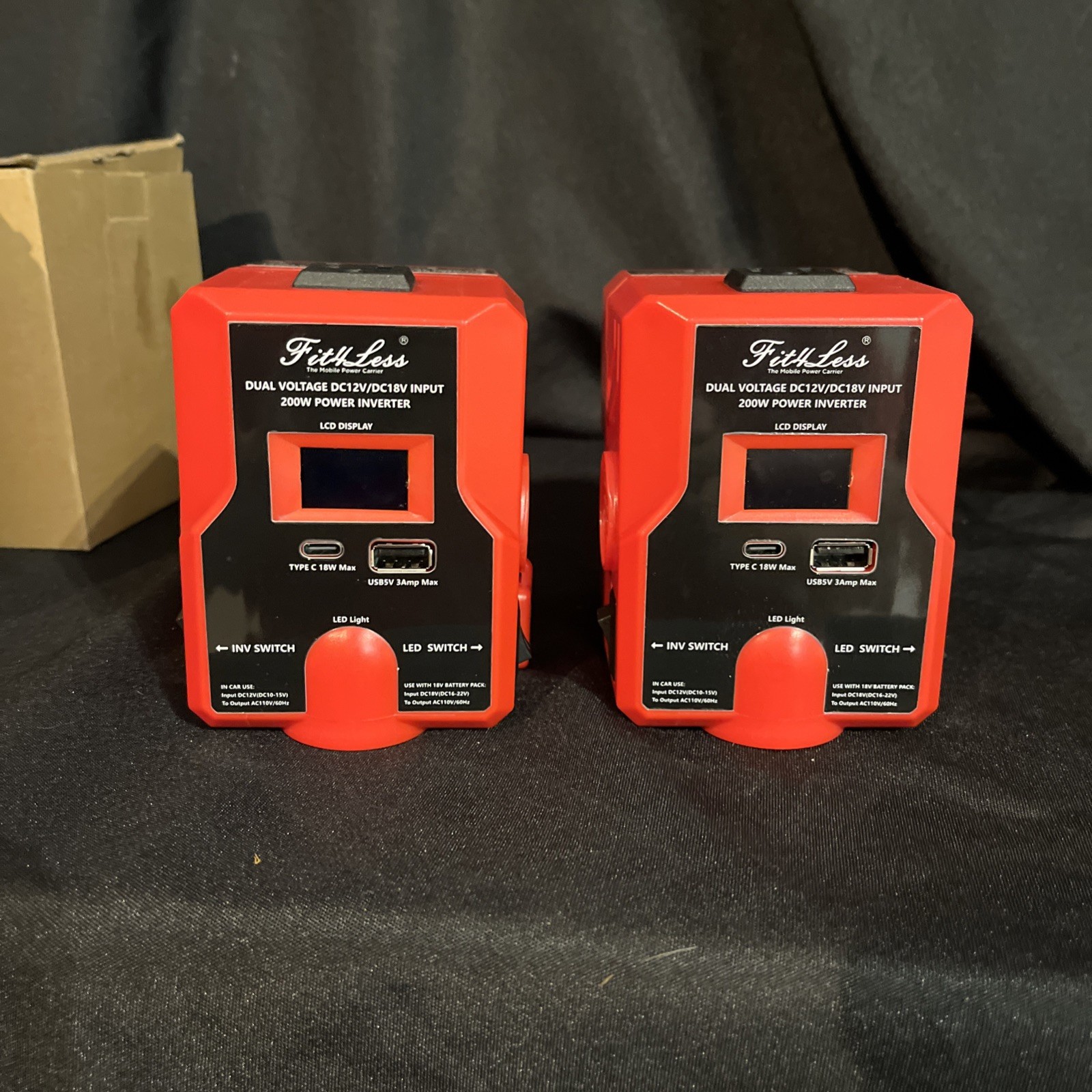 Two 200 Watts  Power Inverter  DC12V / DC18V Input  LCD Display  Lot of Two (2)