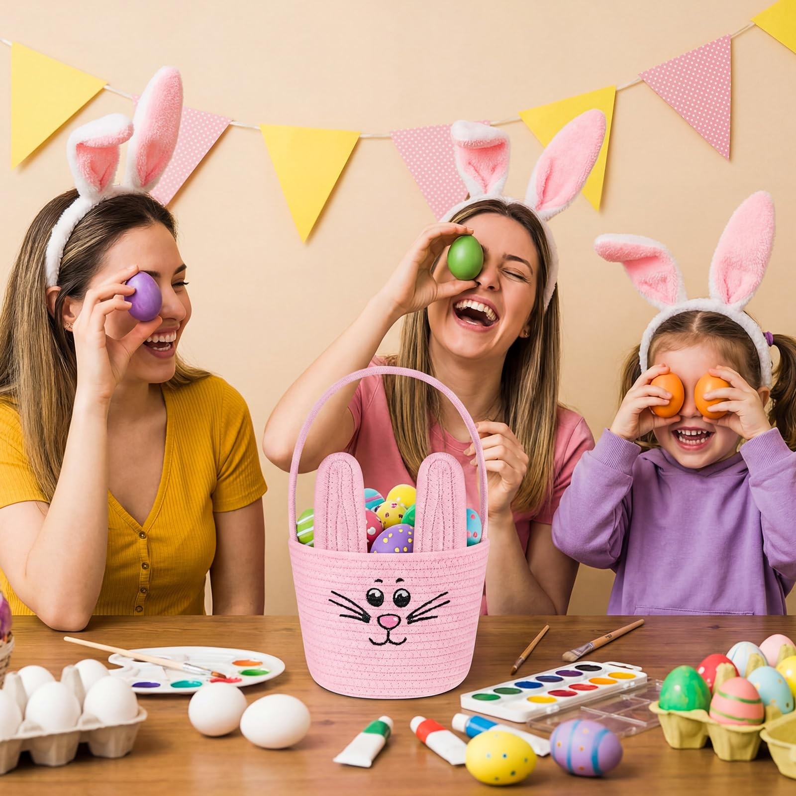 Woven Easter Baskets Woven Bunny Baskets with Handles Eggs Hunt Bucket Rabbit...