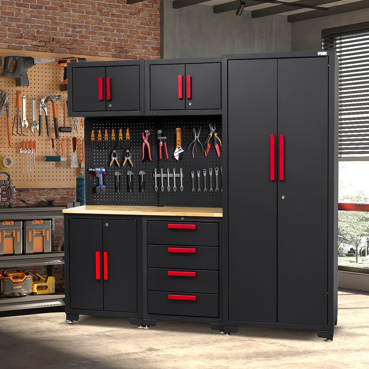 Garage Storage Cabinet System -Corner Cabinet,Cabinet Drawers,Workbench,Pegboard